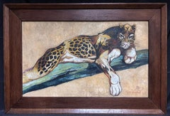 Jaguar Laying on Branch Huge French Signed Oil Painting Wooden Frame