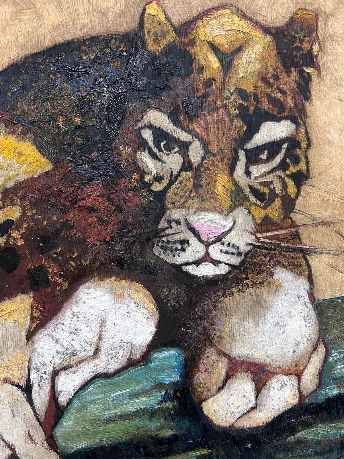 Jaguar couché sur une branche Immense peinture à l'huile signée Cadre en bois - Beige Animal Painting par French School