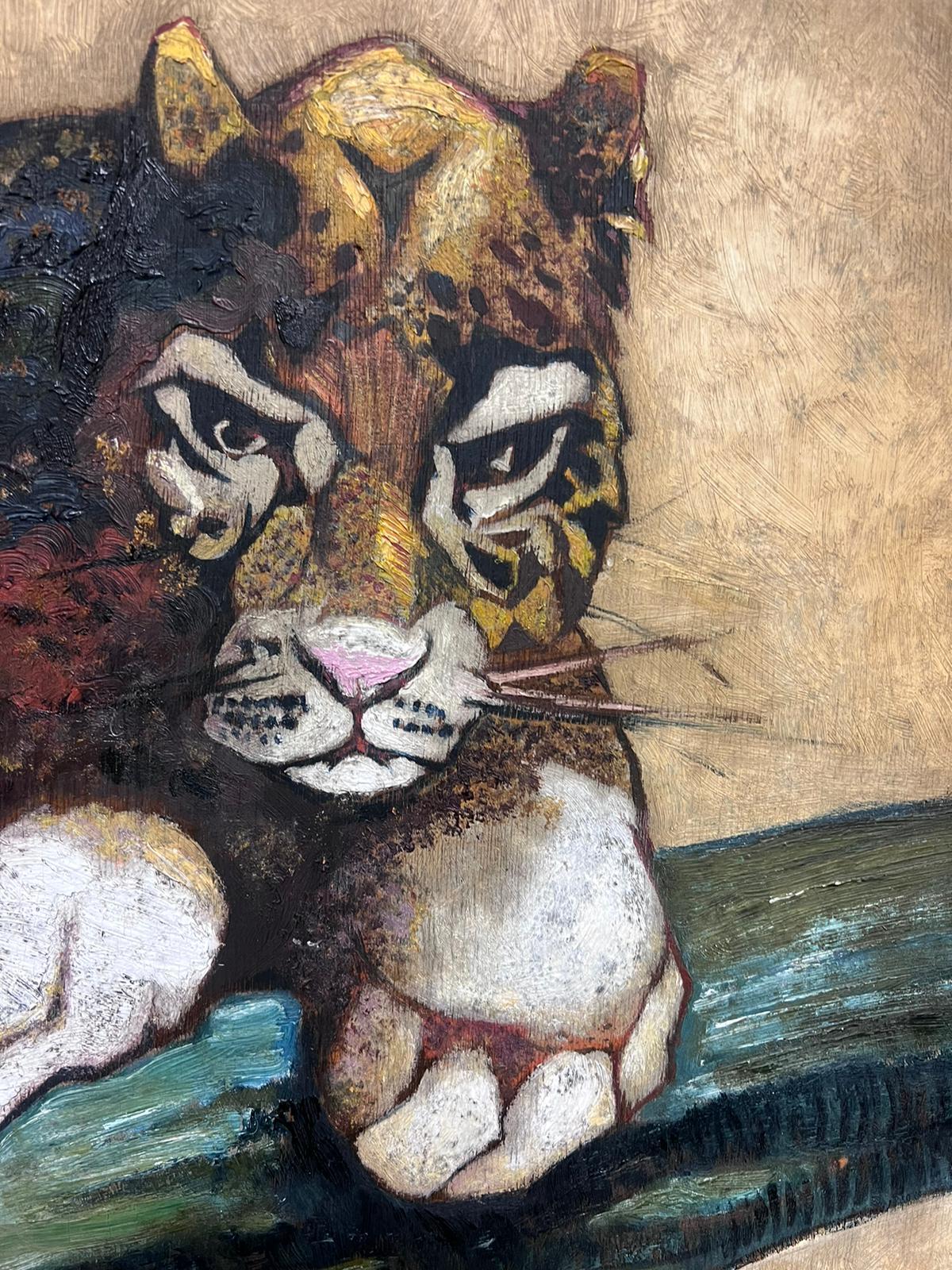 The Jaguar
French School, mid 20th century
indistinctly signed lower right corner
oil on wood panel, framed in deep wooden frame
framed: 30 x 43.5 inches
panel: 21.5 x 31.5 inches
provenance: private collection, France
condition: very good and sound