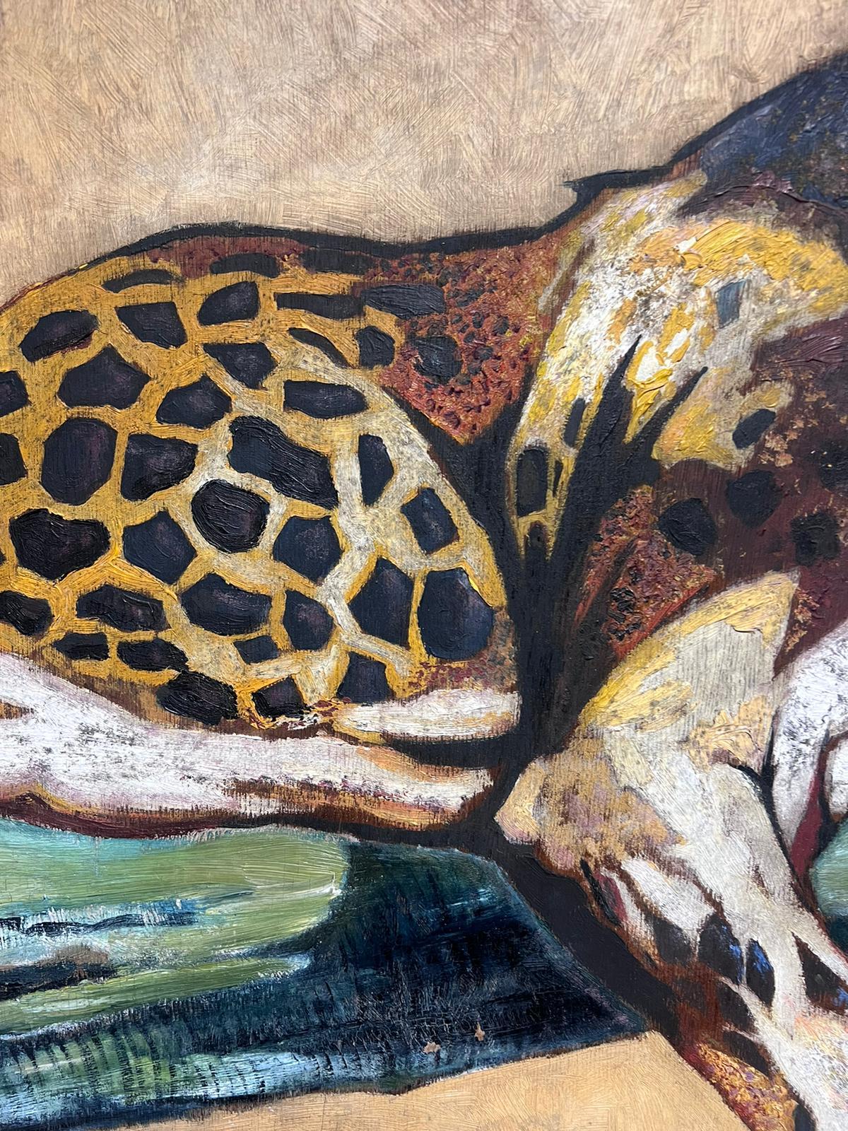 Jaguar couché sur une branche Immense peinture à l'huile signée Cadre en bois en vente 3