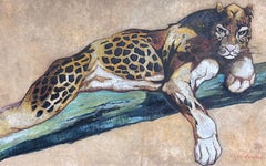 Vintage Jaguar Laying on Branch Huge French Signed Oil Painting Wooden Frame
