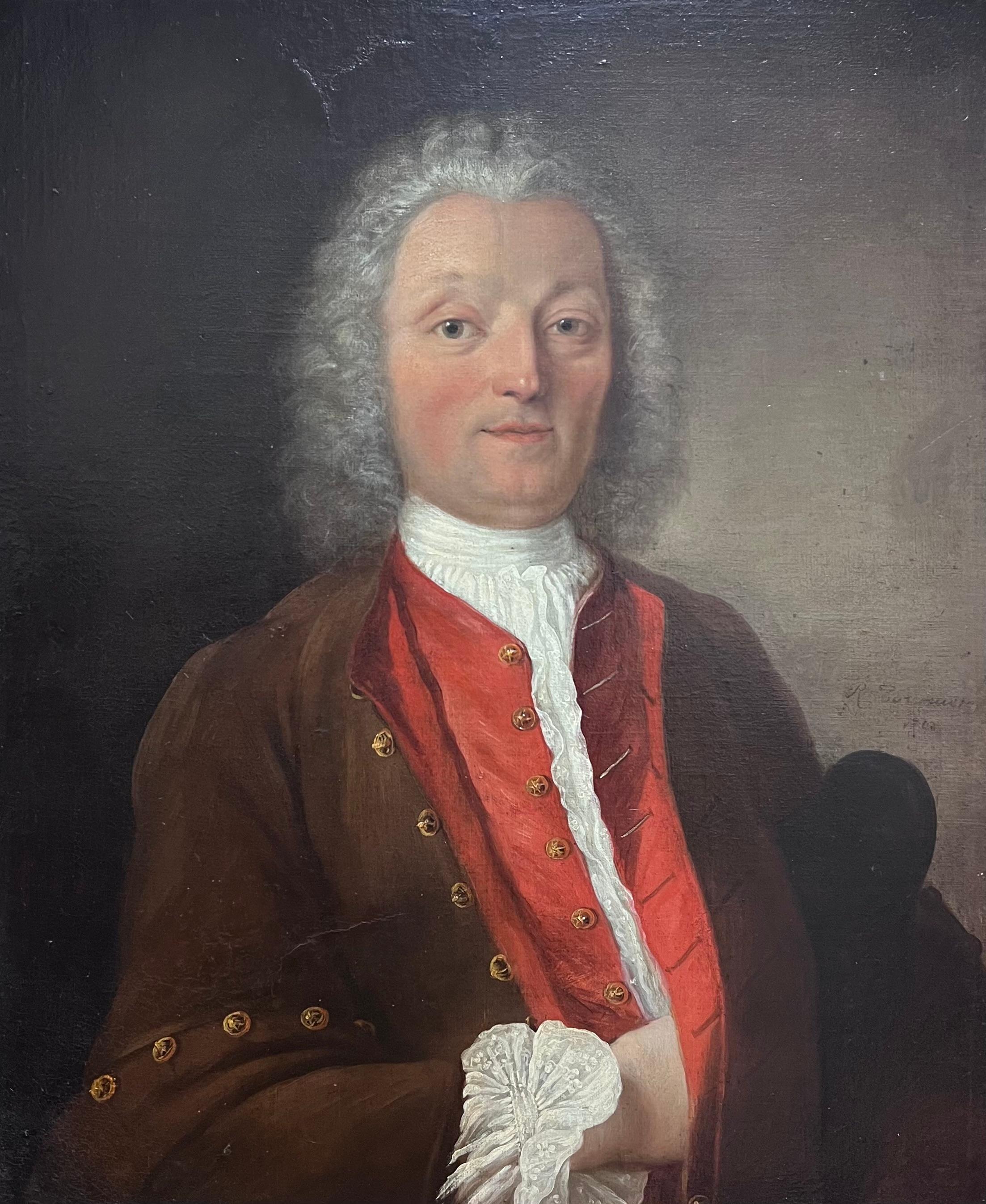 Grande ritratto francese del 1700 di un nobile con gilet rosso, dipinto a olio su tela - Painting di French School