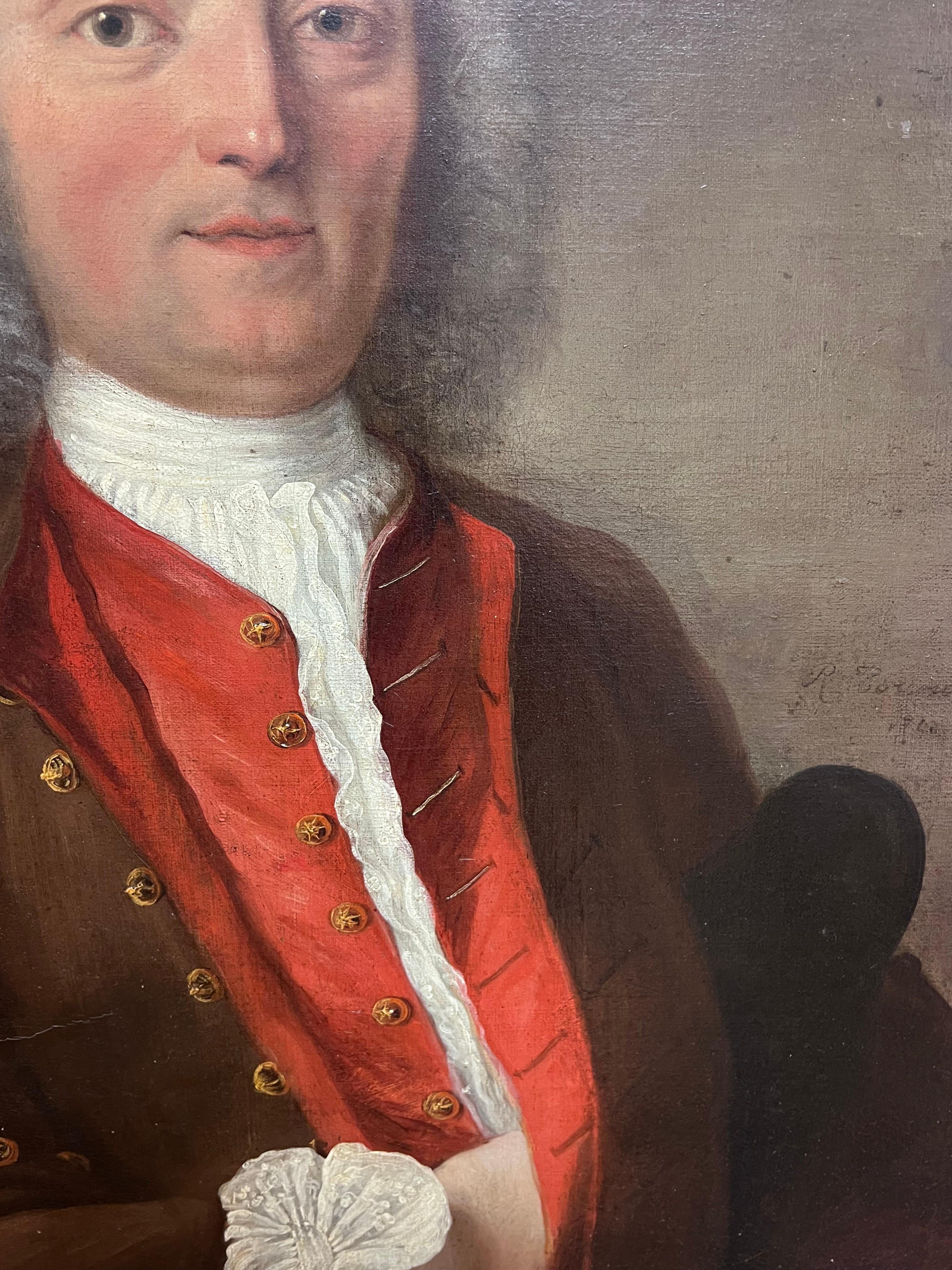 Ritratto di un gentiluomo con gilet rosso e parrucca
Scuola francese, XVIII secolo
firmato e datato in modo indistinto
olio su tela, incorniciato
incorniciato: 33,5 x 28 pollici
tela: 29 x 24 pollici
Provenienza: Collezione privata, Francia
Conditio