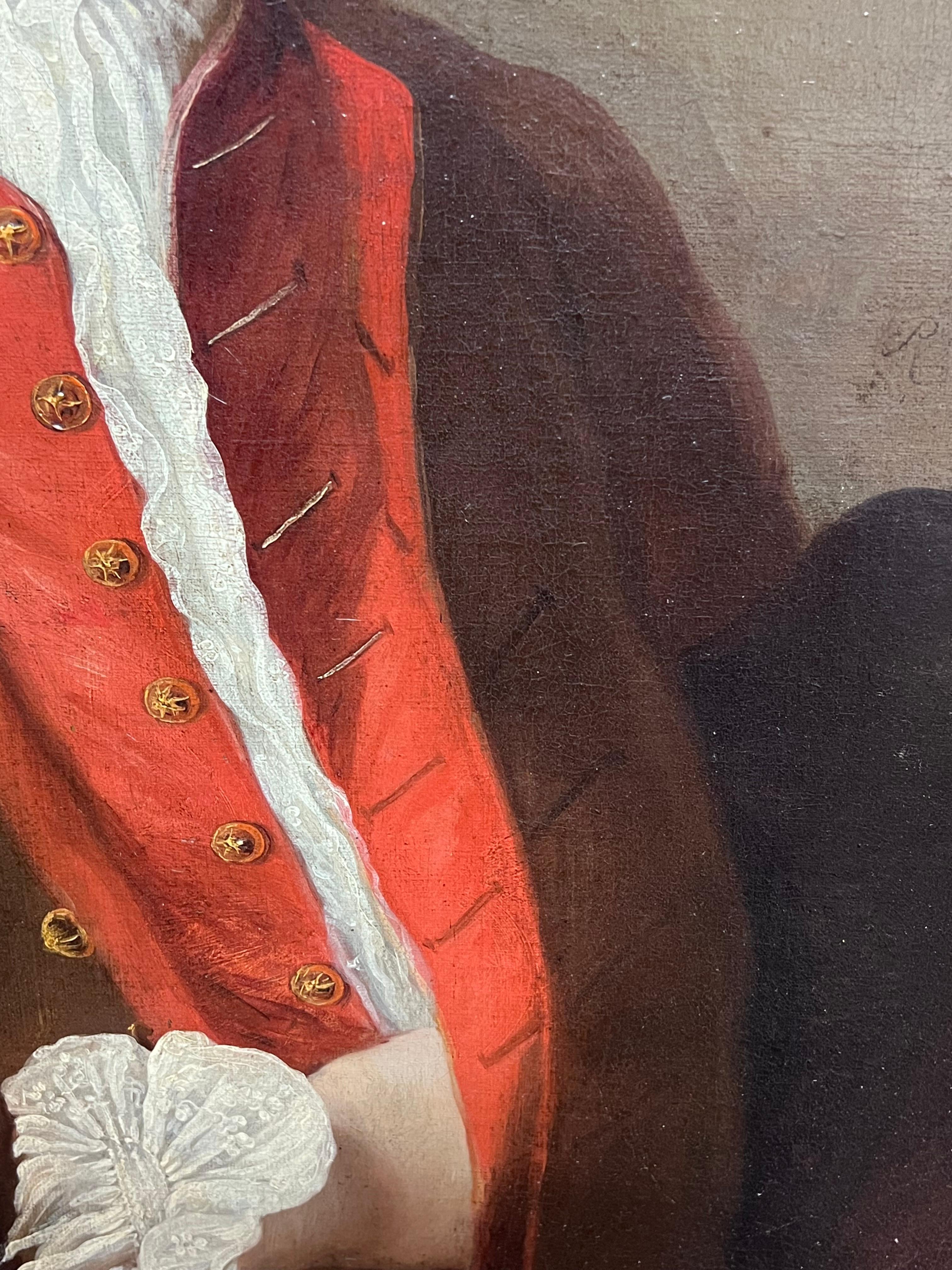 Grande ritratto francese del 1700 di un nobile con gilet rosso, dipinto a olio su tela 1