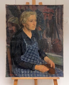 Large 1940's French Signed Oil Painting Woman in Apron Knitting in Interior
