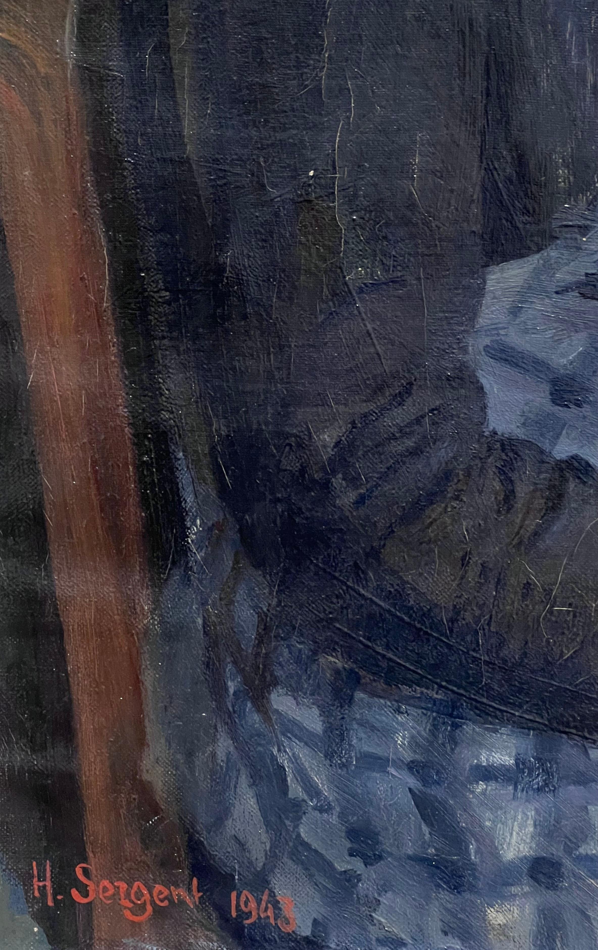 Woman in Apron, Knitting
French artist, signed & dated
oil on canvas, unframed 
dated 1943
canvas: 32 x 25.5 inches
Provenance: private collection, France
Condition: sound and good condition

For more any more information please do contact us with