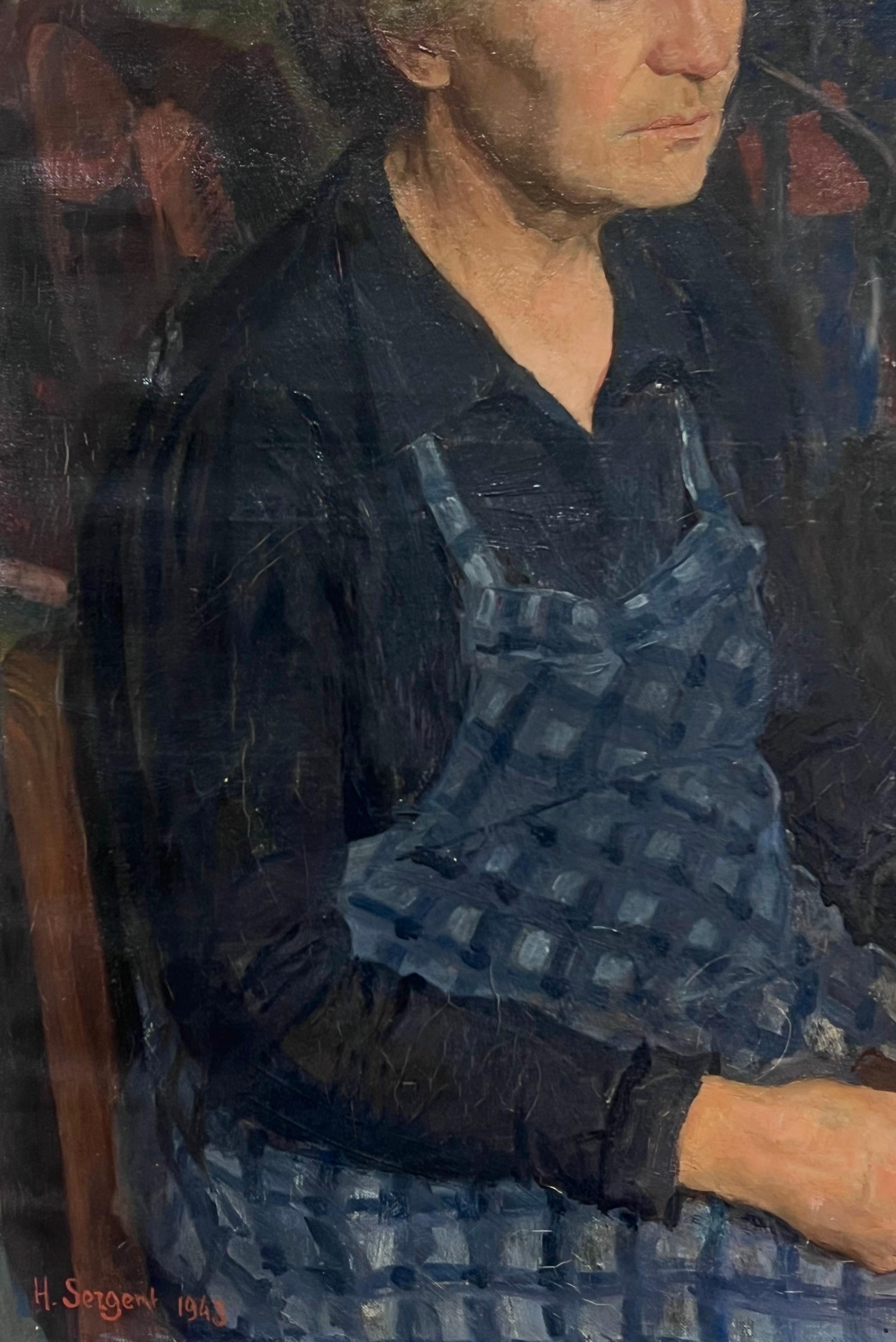 Large 1940's French Signed Oil Painting Woman in Apron Knitting in Interior For Sale 1