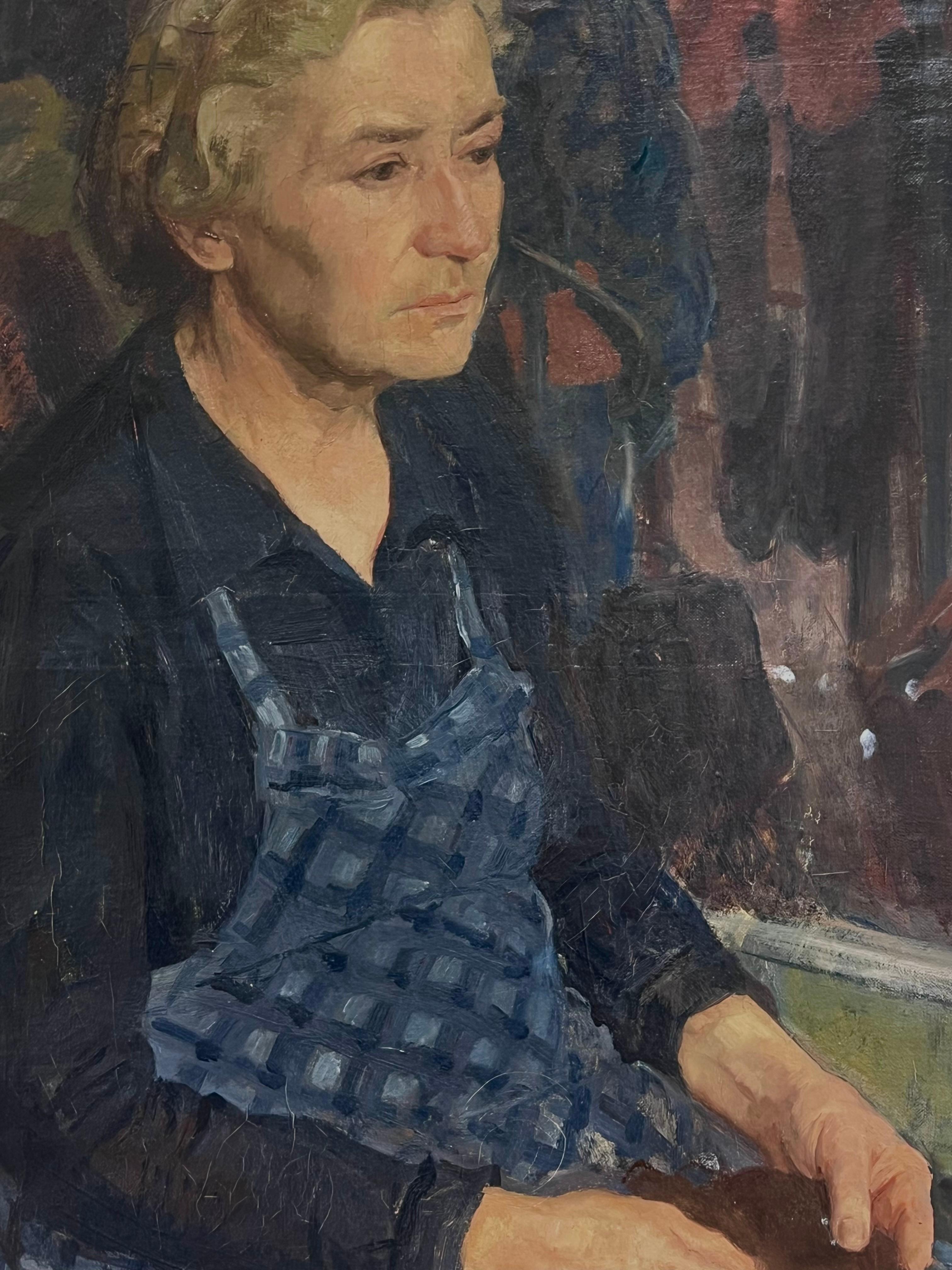 Large 1940's French Signed Oil Painting Woman in Apron Knitting in Interior For Sale 2