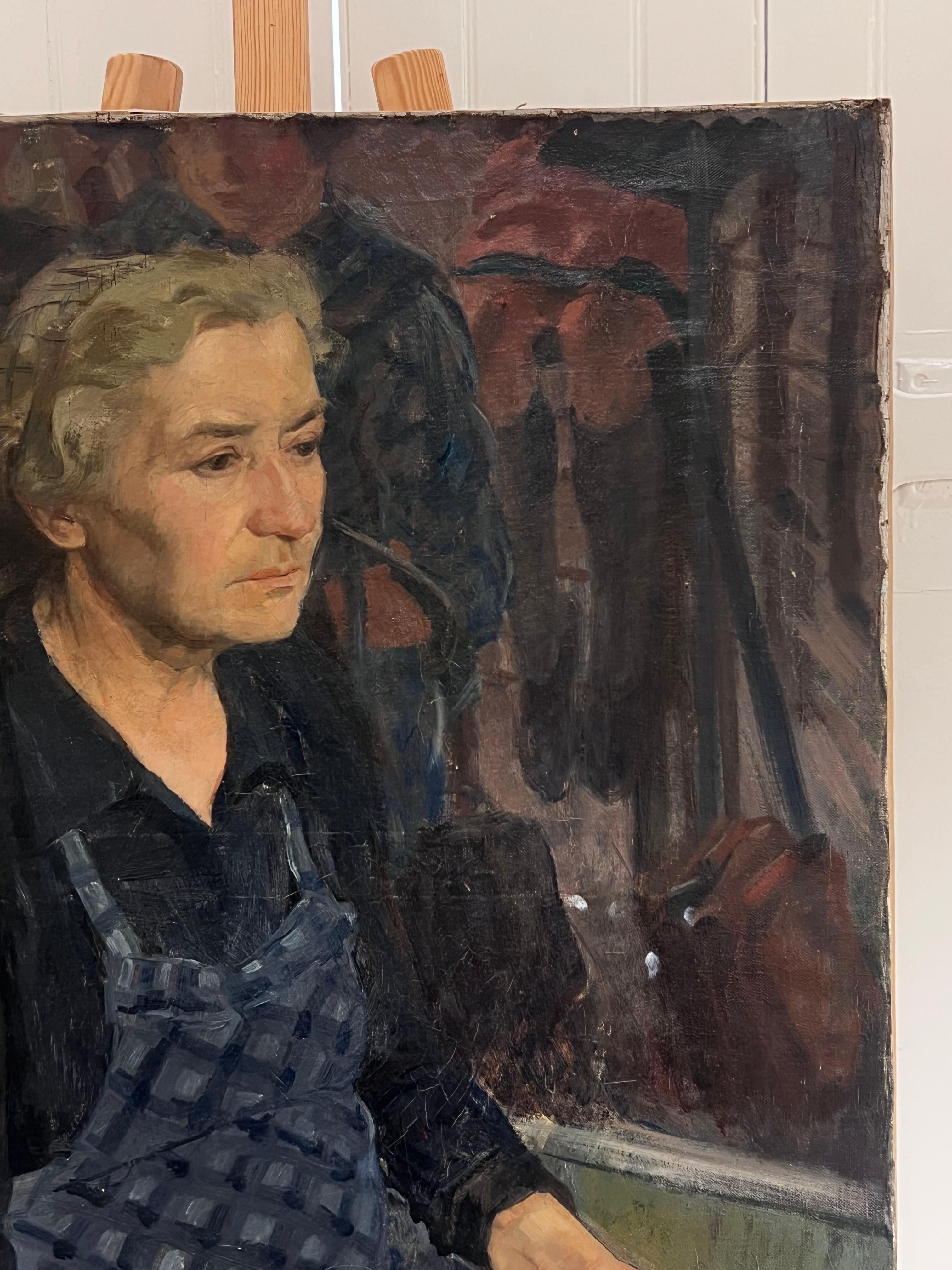 Large 1940's French Signed Oil Painting Woman in Apron Knitting in Interior For Sale 3