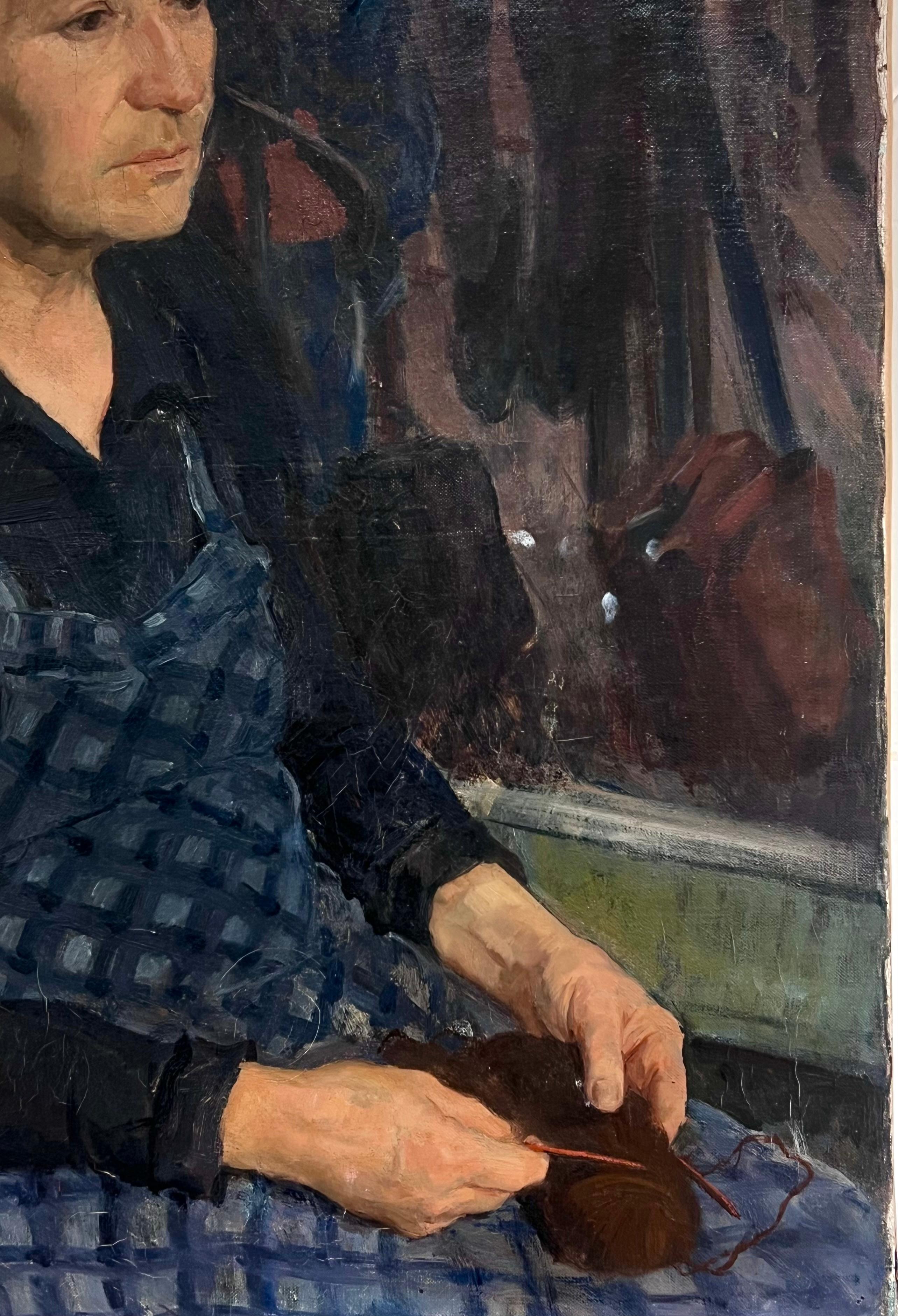 Large 1940's French Signed Oil Painting Woman in Apron Knitting in Interior For Sale 4