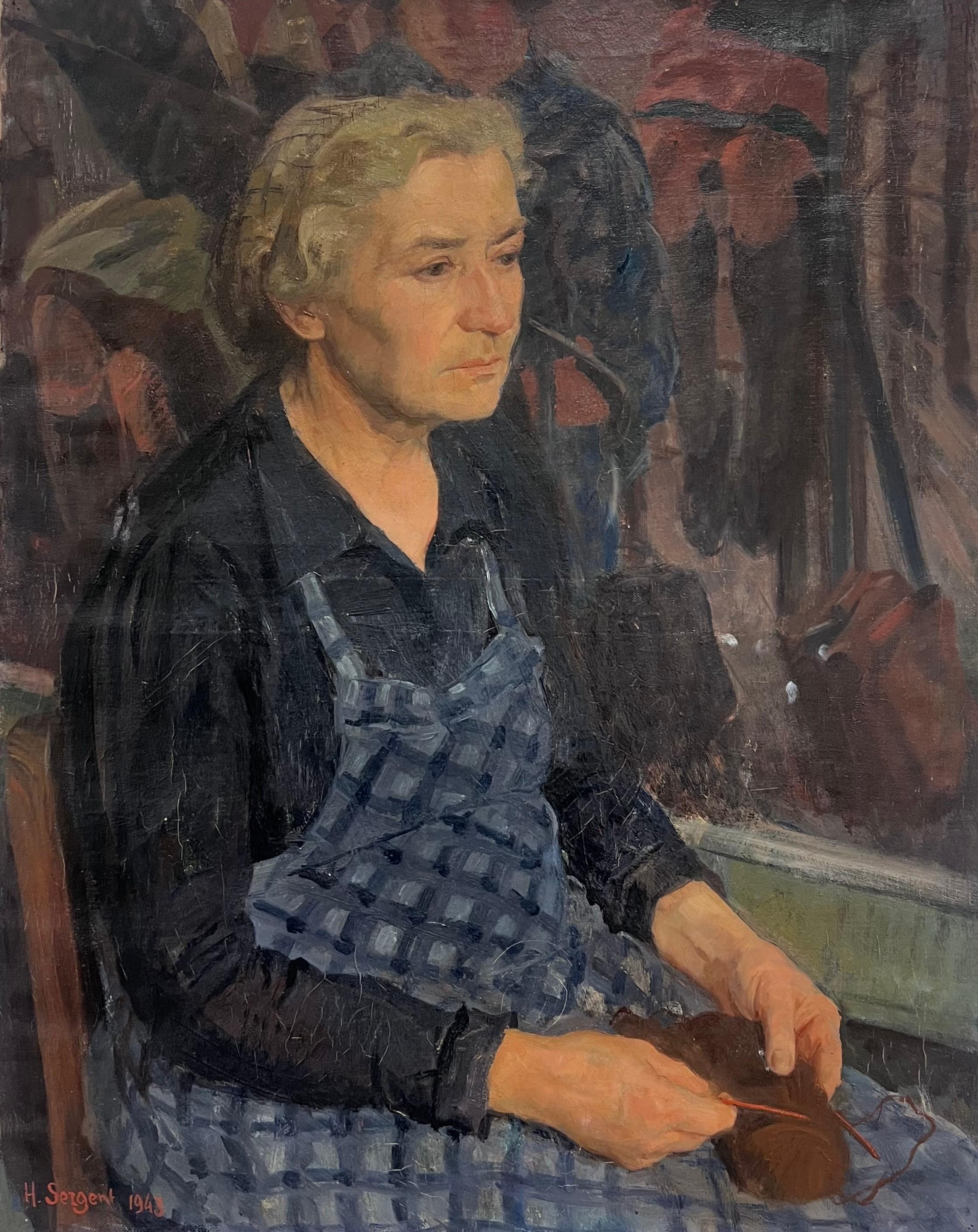 French School Portrait Painting - Large 1940's French Signed Oil Painting Woman in Apron Knitting in Interior