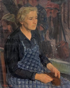 Large 1940's French Signed Oil Painting Woman in Apron Knitting in Interior