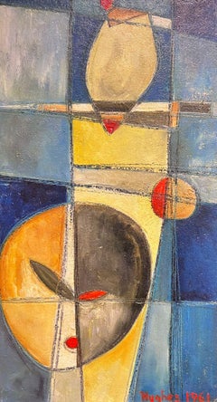 Large 1960's French/ British Cubist Oil Painting Signed & Dated Shapes & Forms