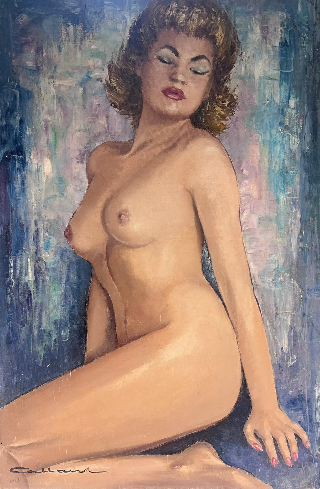 Large 1960's French Impressionist Signed Oil Portrait of Nude Lady 