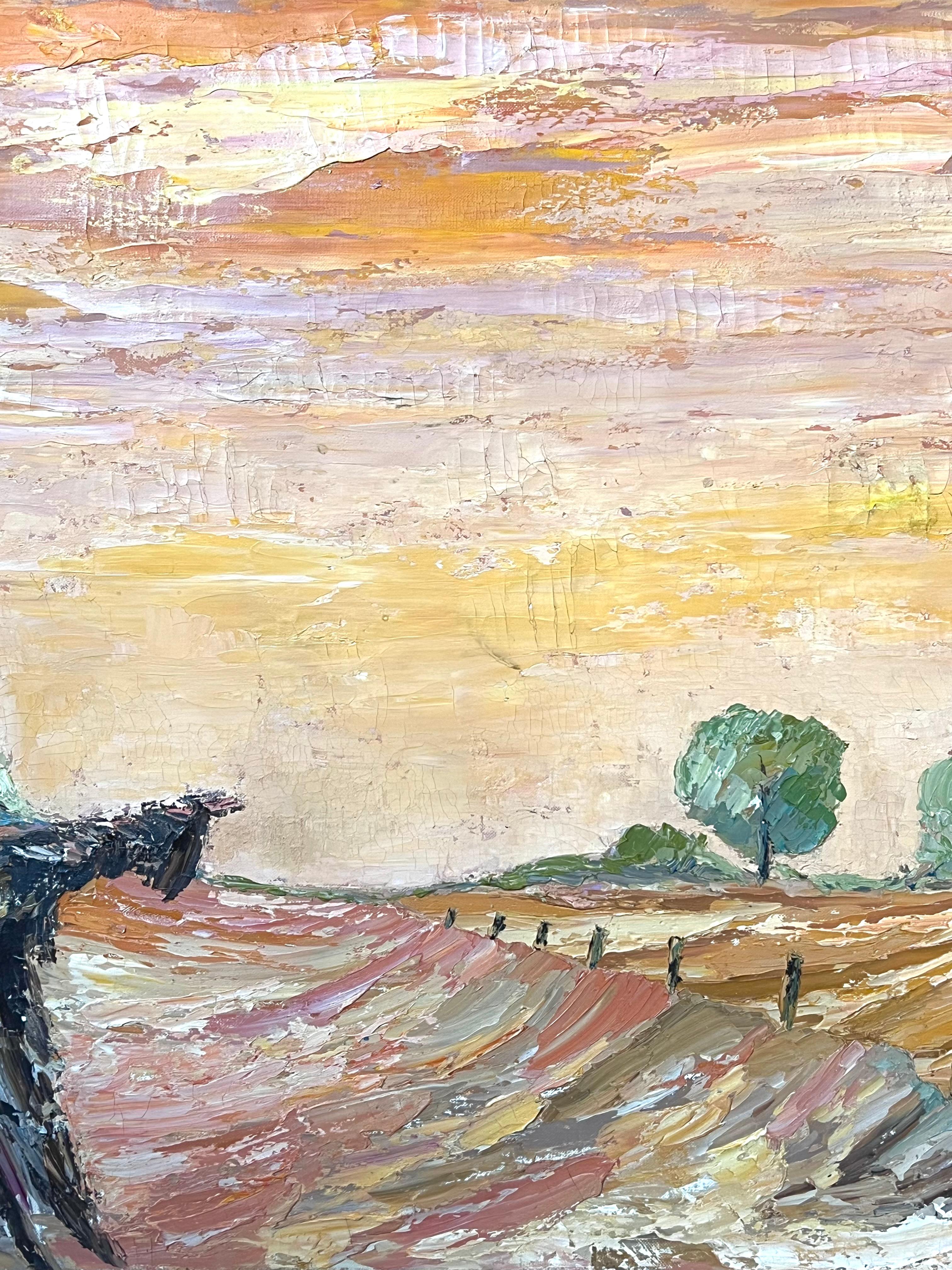 Large 1970's French Expressionist Oil Painting Scarecrow in Sunset Golden Field For Sale 1