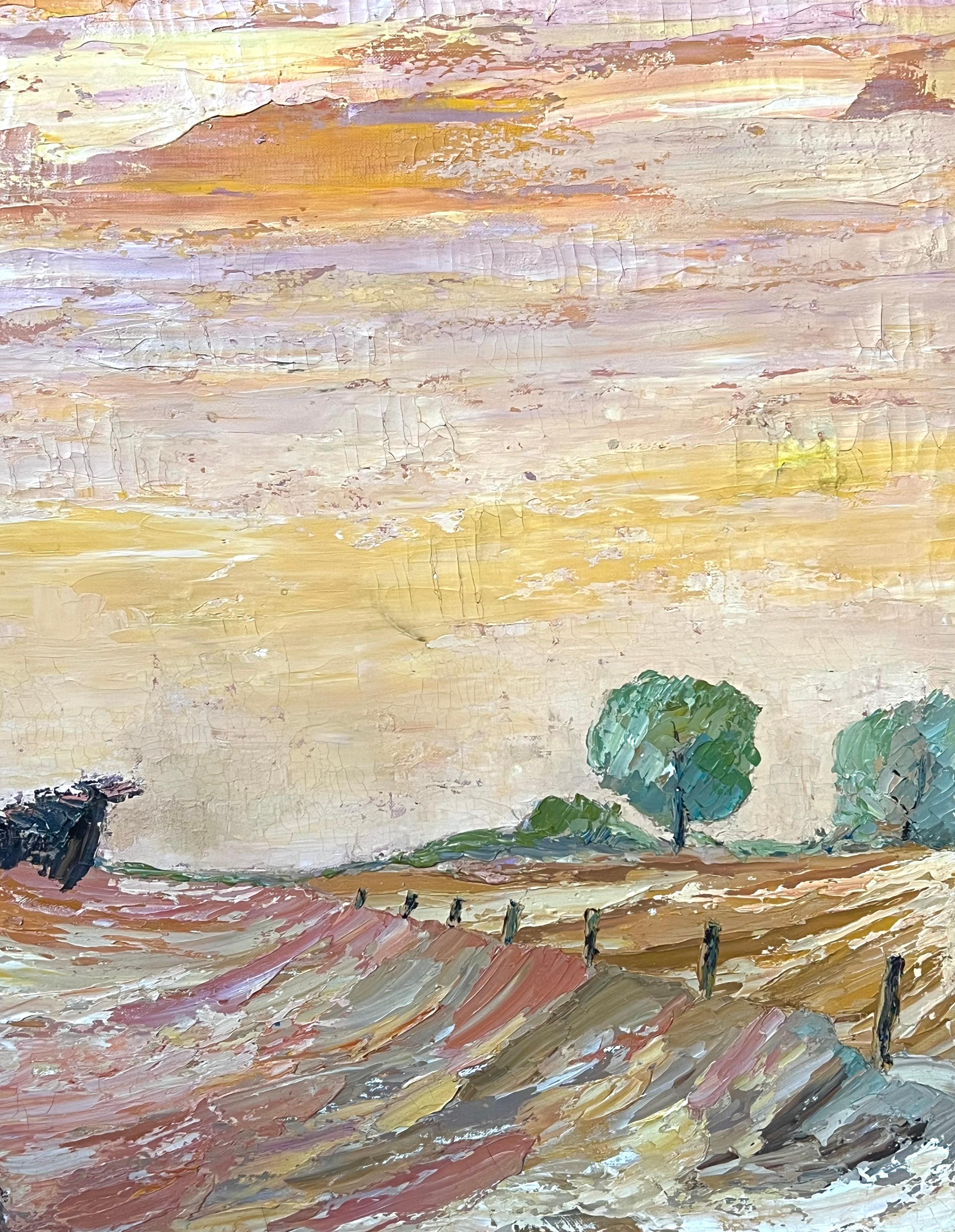 Large 1970's French Expressionist Oil Painting Scarecrow in Sunset Golden Field For Sale 2