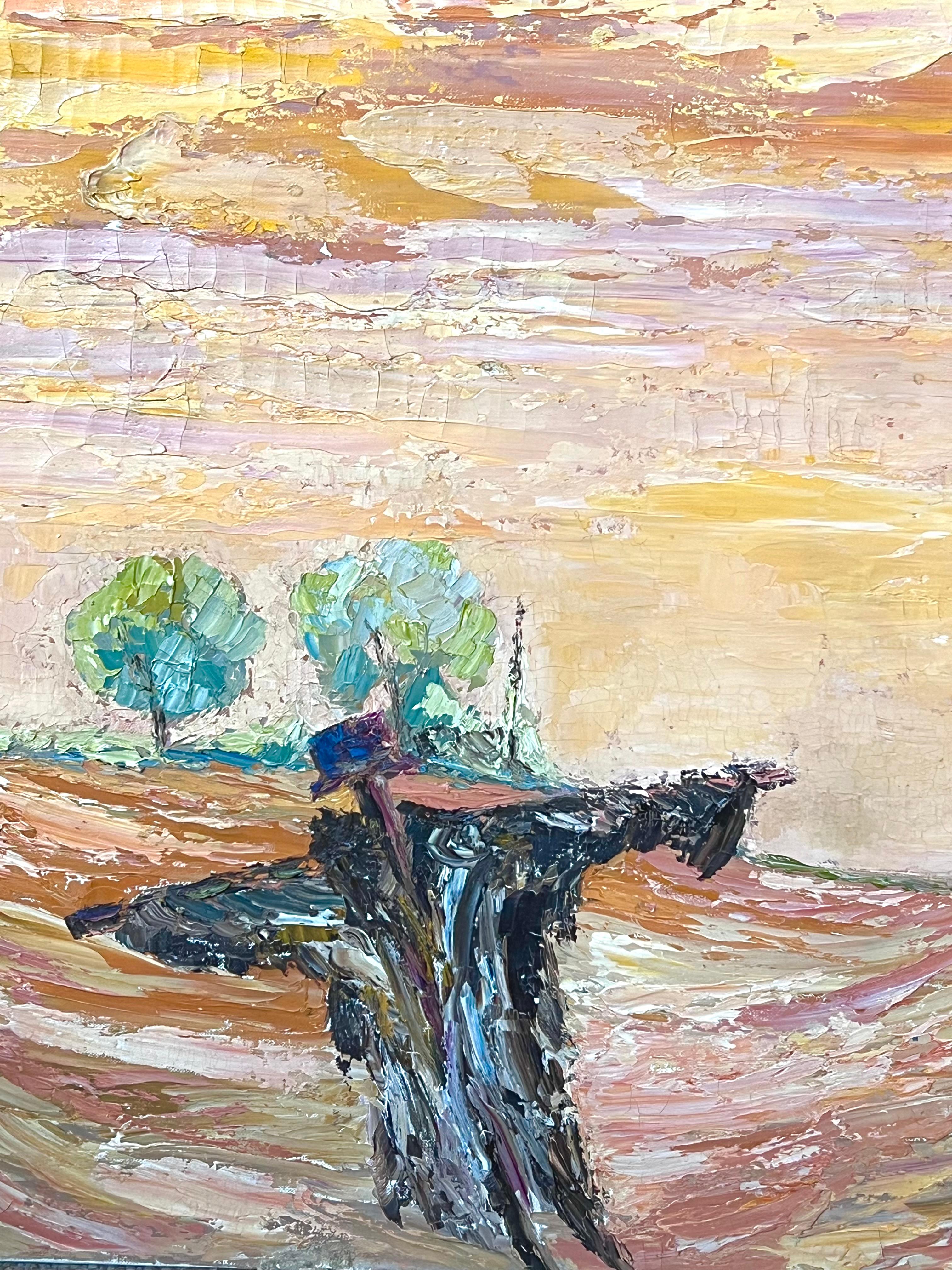 Large 1970's French Expressionist Oil Painting Scarecrow in Sunset Golden Field For Sale 3