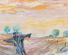 Large 1970's French Expressionist Oil Painting Scarecrow in Sunset Golden Field