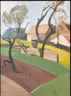 Large 1970's French Modernist Landscape Oil Painting Green Brown Block Colors