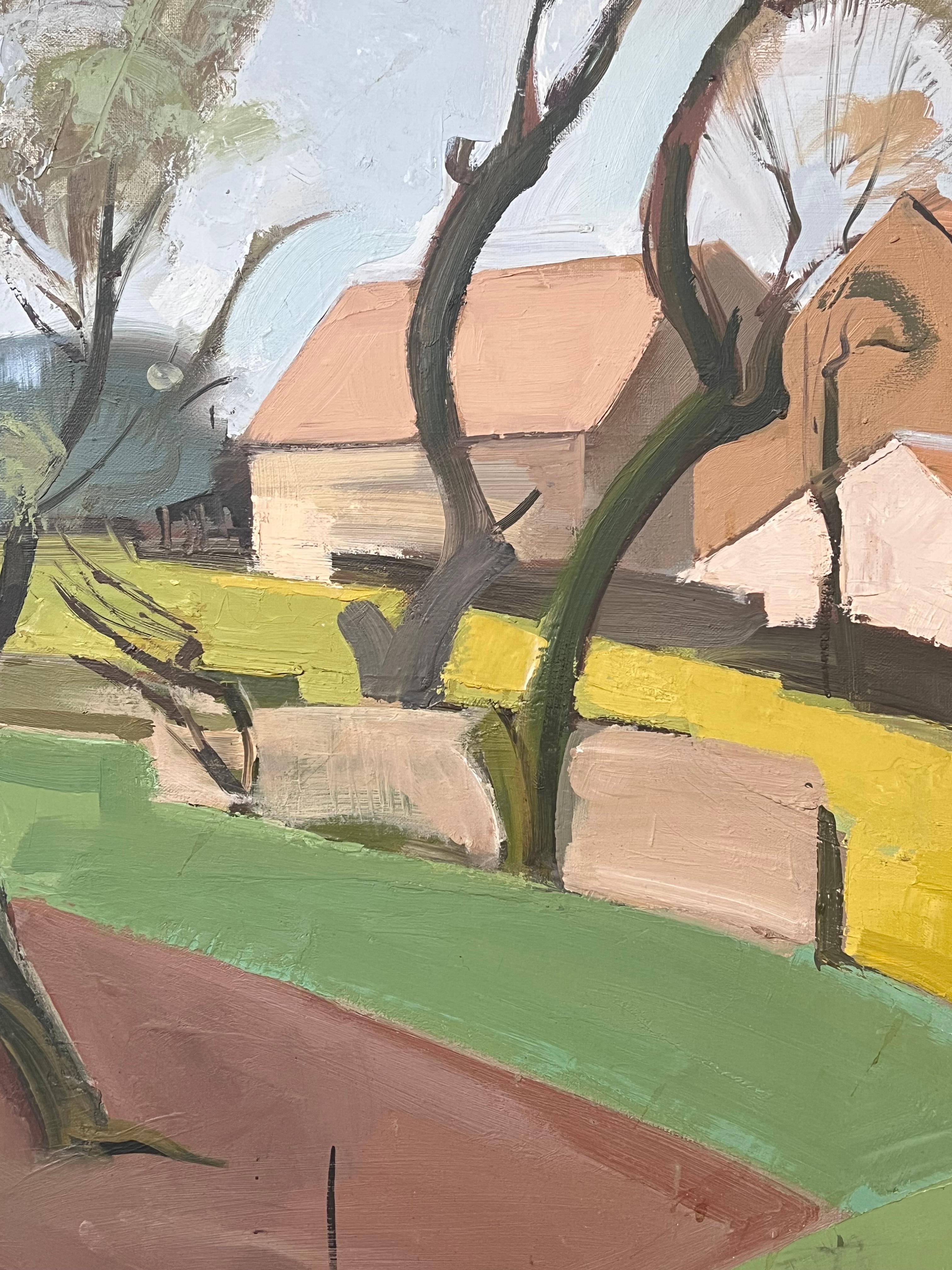 Large 1970's French Modernist Landscape Oil Painting Green Brown Block Colors For Sale 1