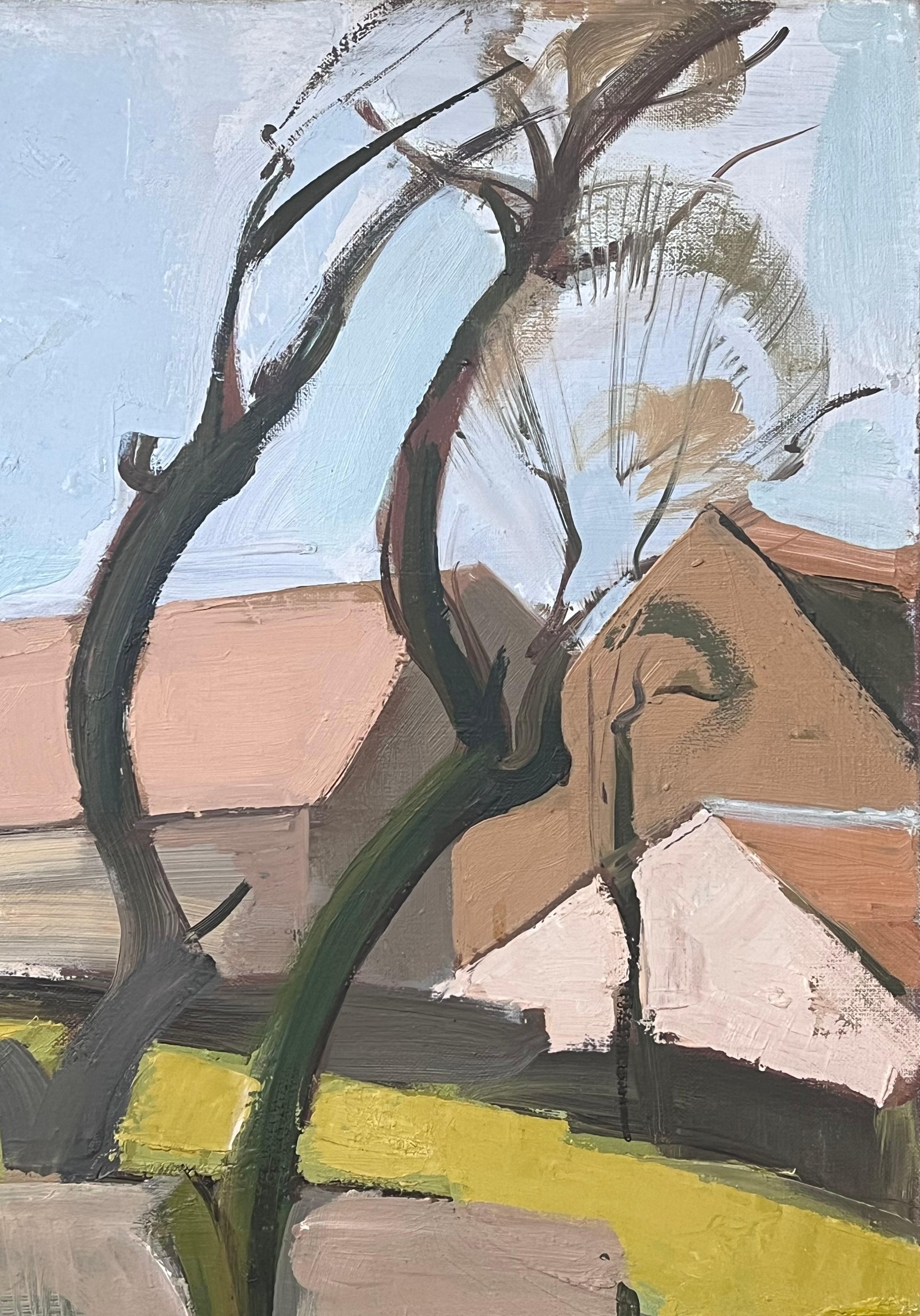 Large 1970's French Modernist Landscape Oil Painting Green Brown Block Colors For Sale 2