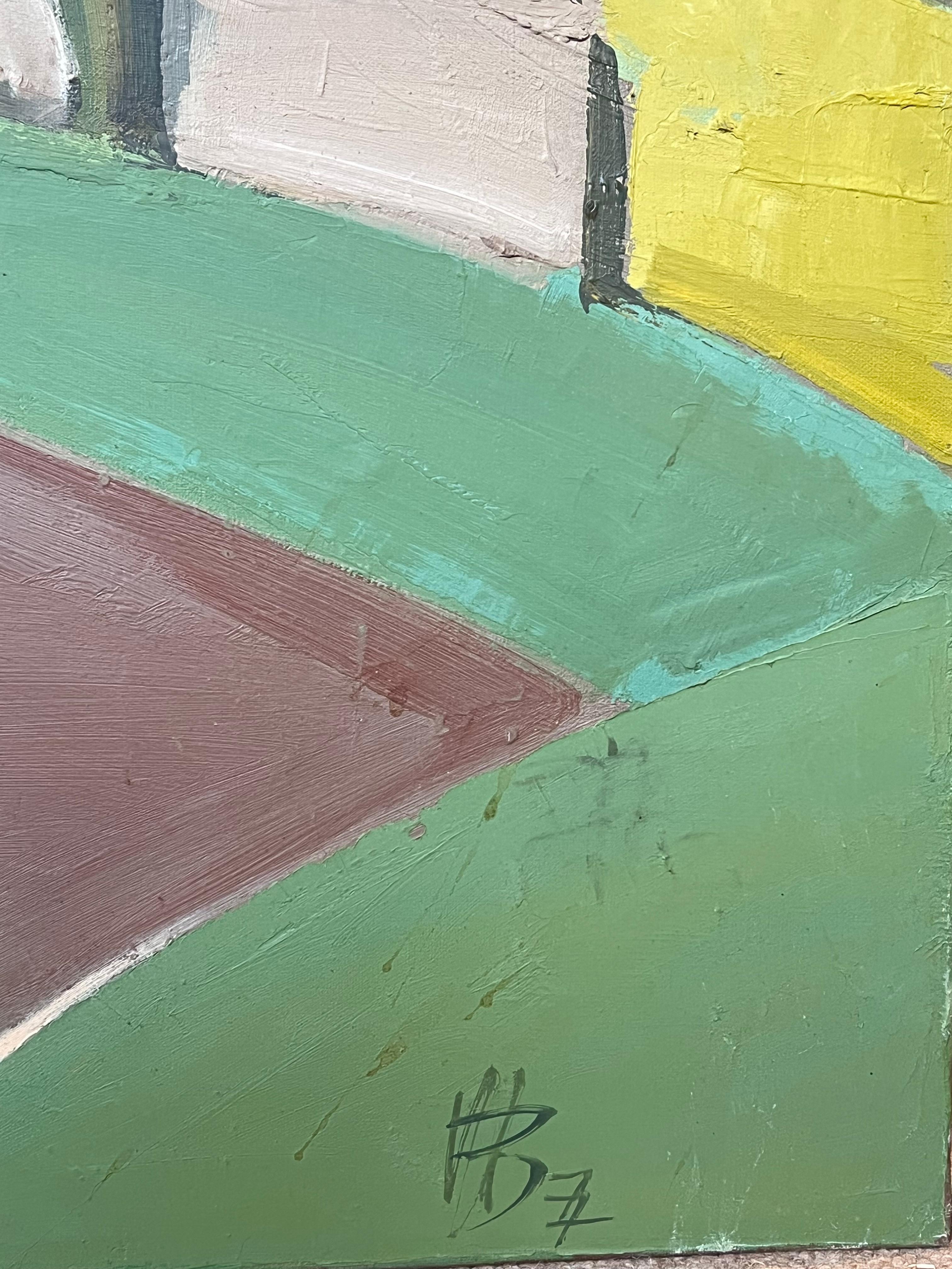Large 1970's French Modernist Landscape Oil Painting Green Brown Block Colors For Sale 4