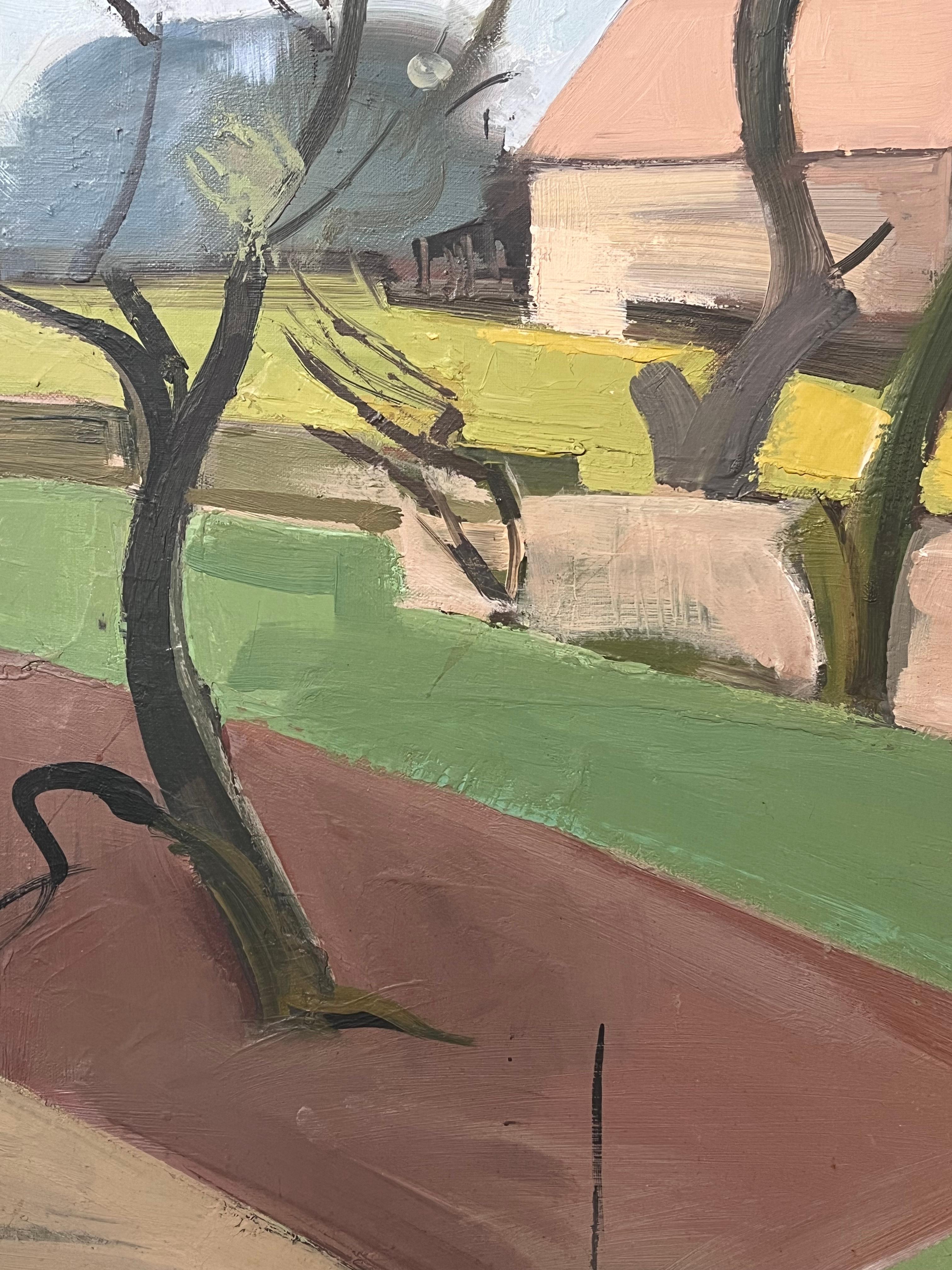 Large 1970's French Modernist Landscape Oil Painting Green Brown Block Colors For Sale 5