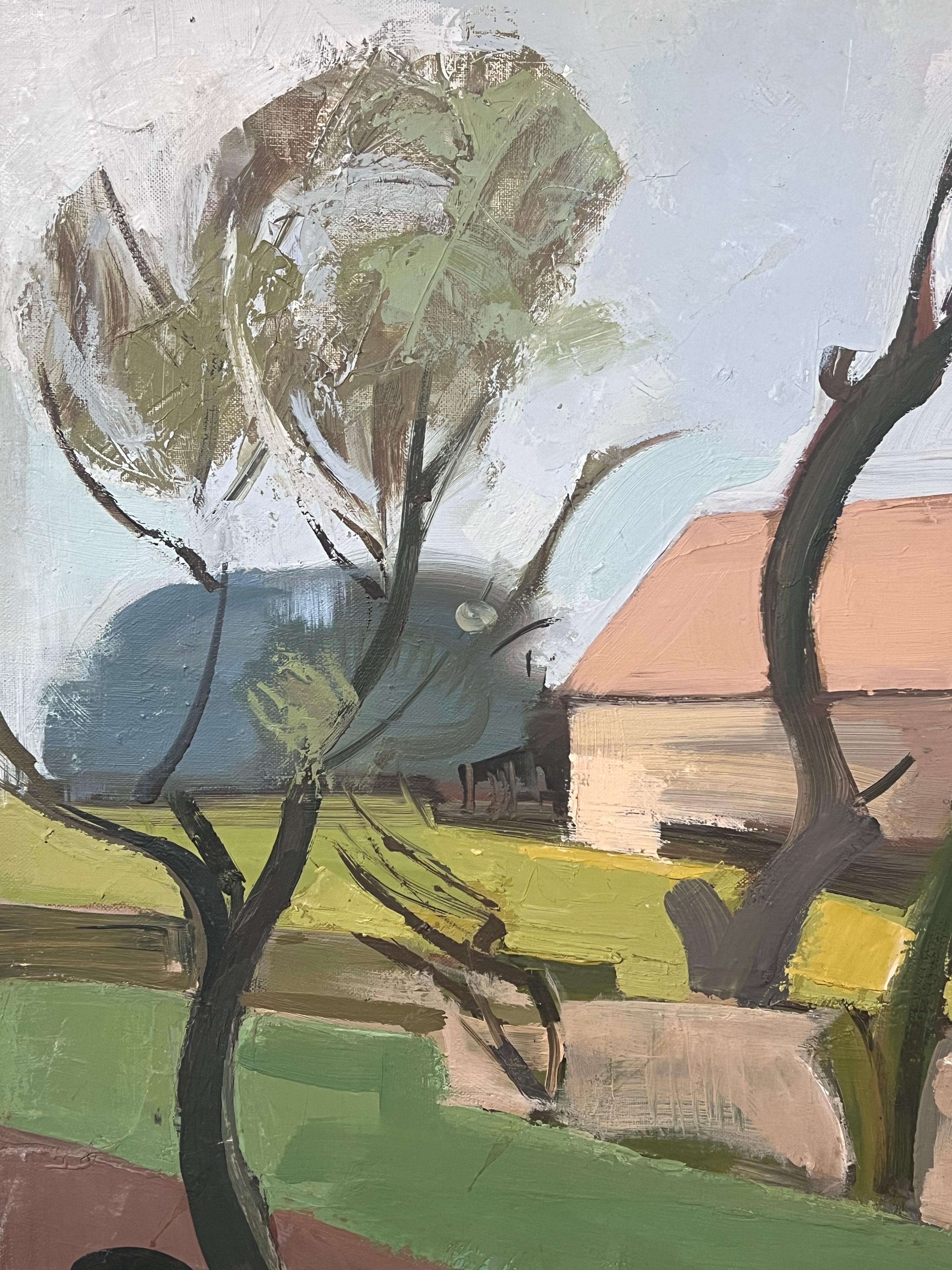 Large 1970's French Modernist Landscape Oil Painting Green Brown Block Colors For Sale 6
