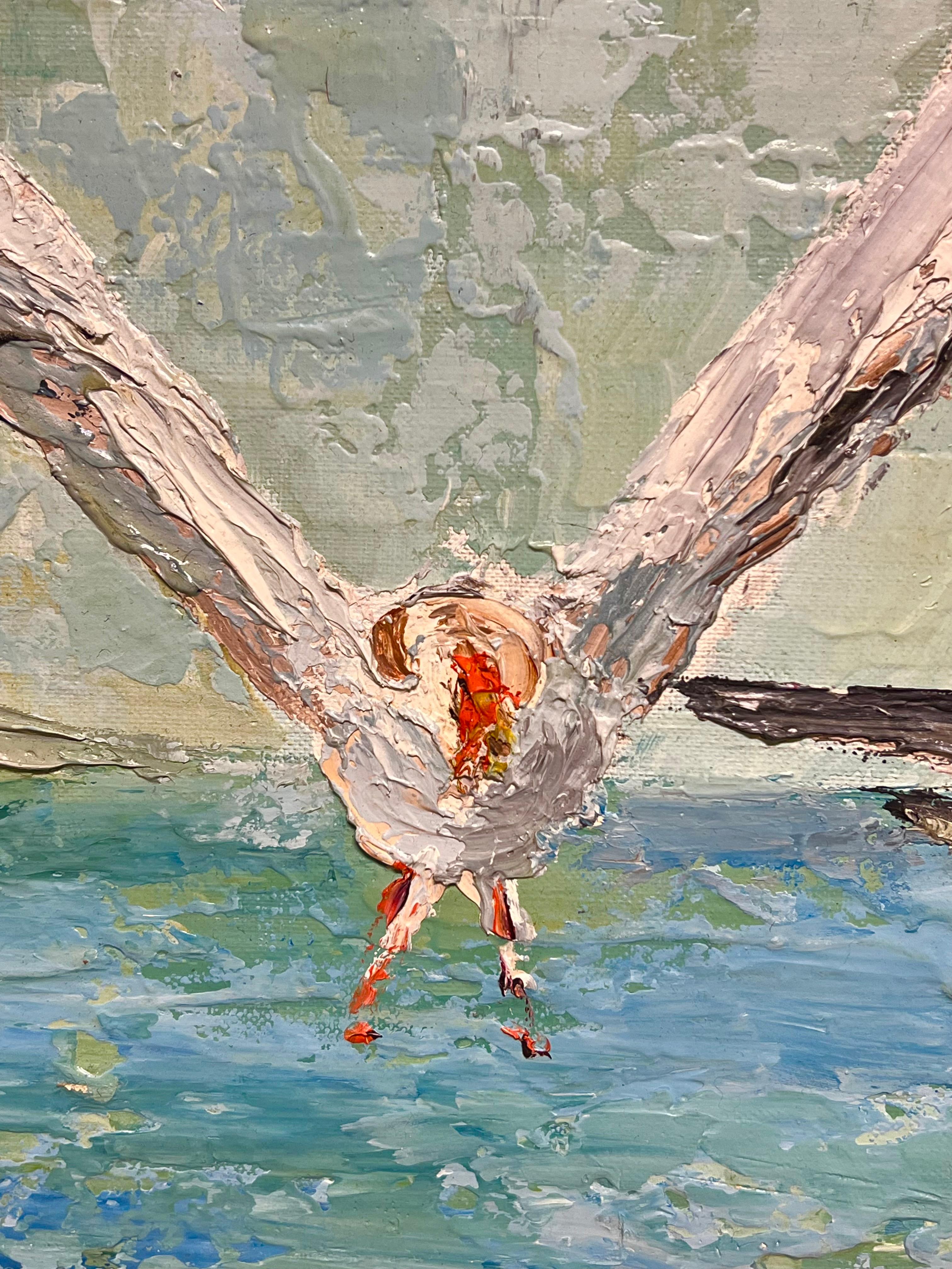 Gran óleo postimpresionista francés de los años 70 Gaviotas volando en el aire - Animal Painting Gris de French School