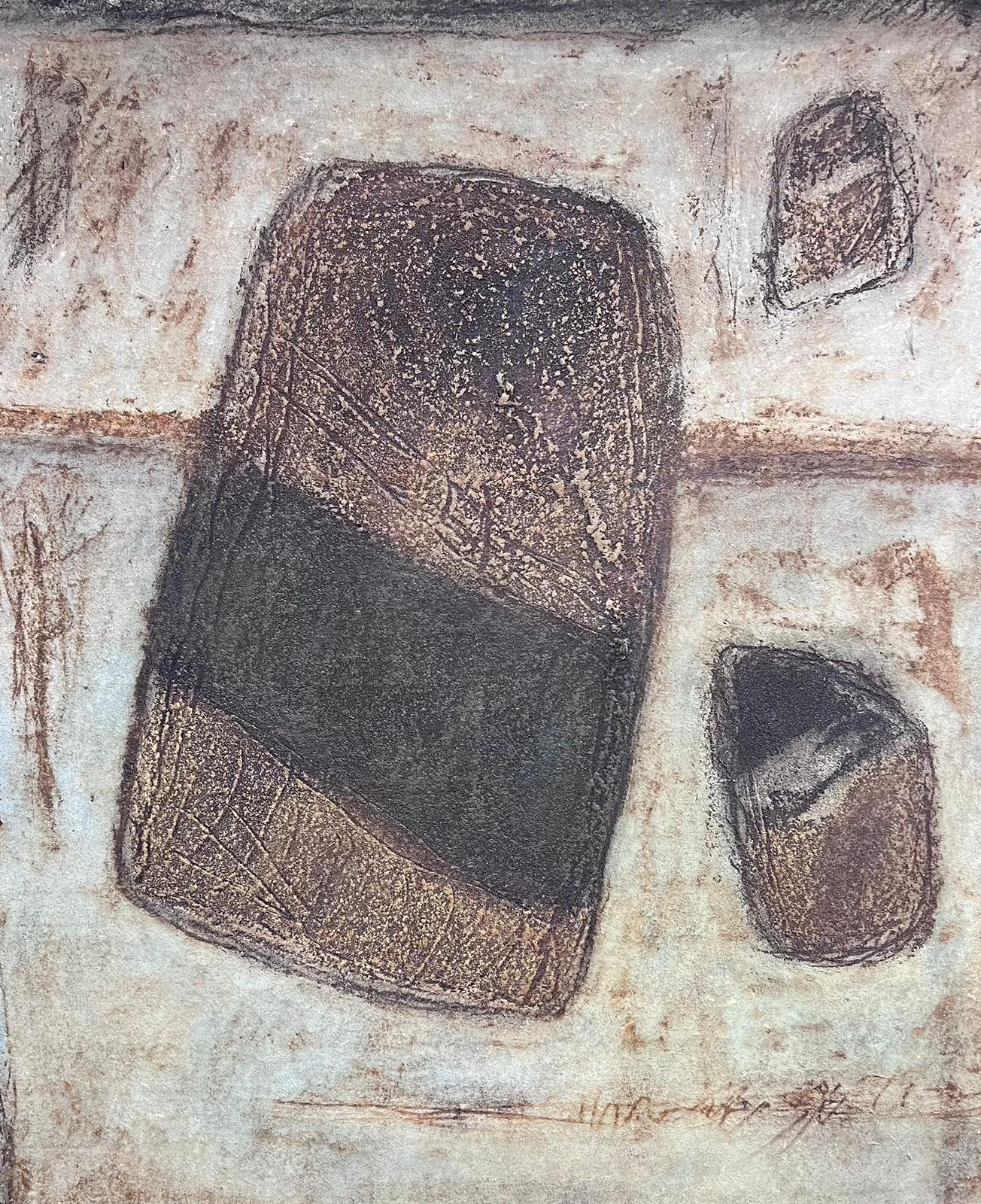 Grande quadro astratto francese degli anni '90, colori grigio crema marrone beige - Painting di French School