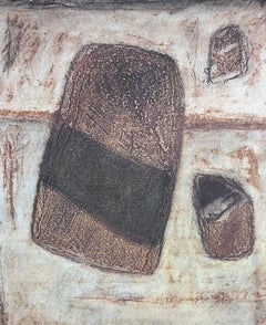 Large 1990's French Abstract Painting Grey Cream Brown Beige Colors