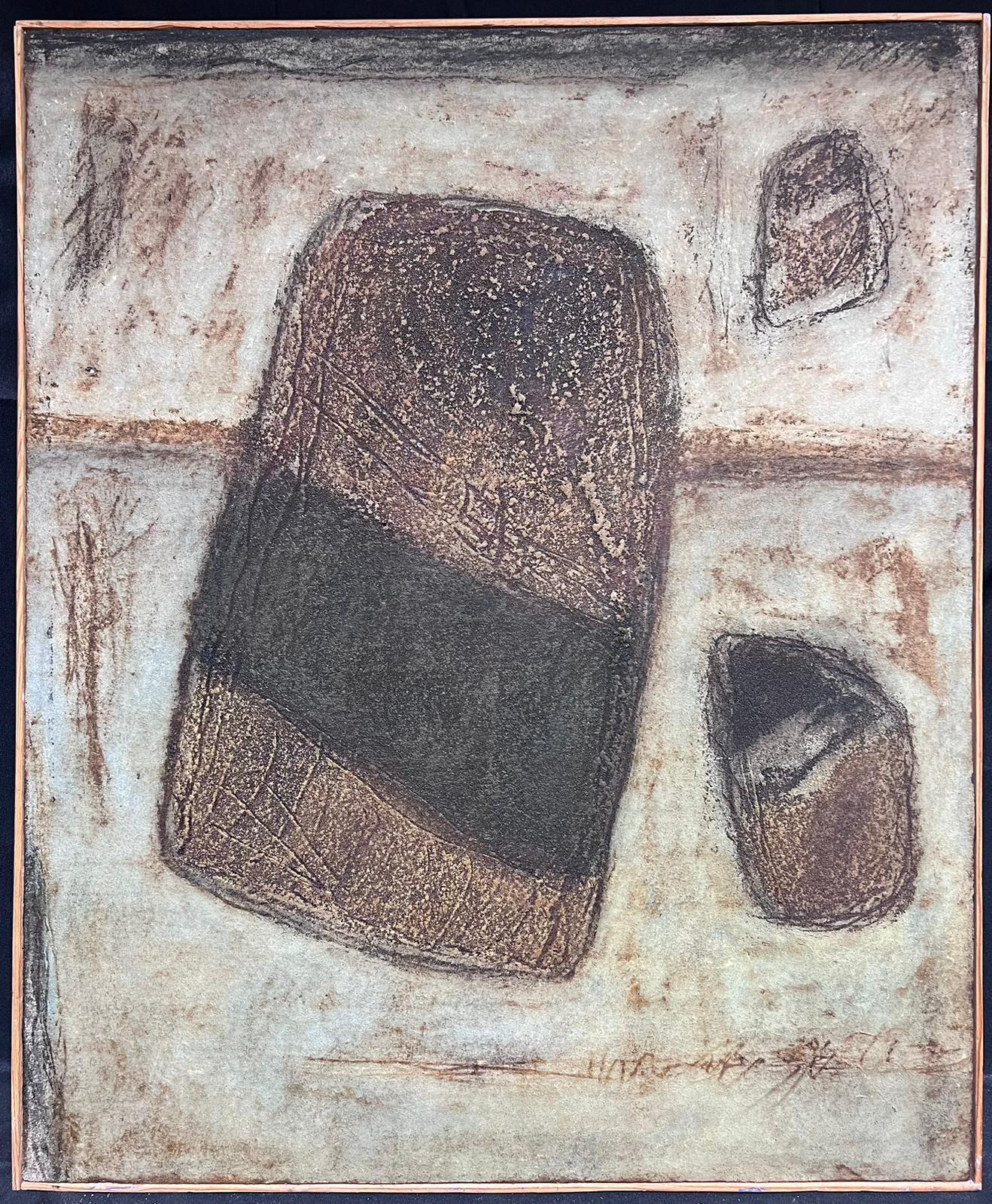 Abstract Painting di French School - Grande quadro astratto francese degli anni '90, colori grigio crema marrone beige