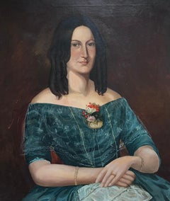 Large 19th Century French Portrait of Lady with Roses & Smart Dress oil painting