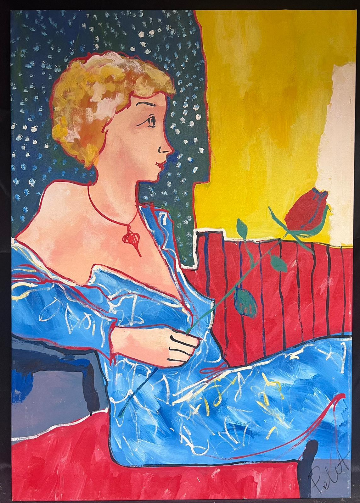 Large 20th Century French Modernist Oil Painting Portrait of Lady Holding Rose - Beige Figurative Painting by French School