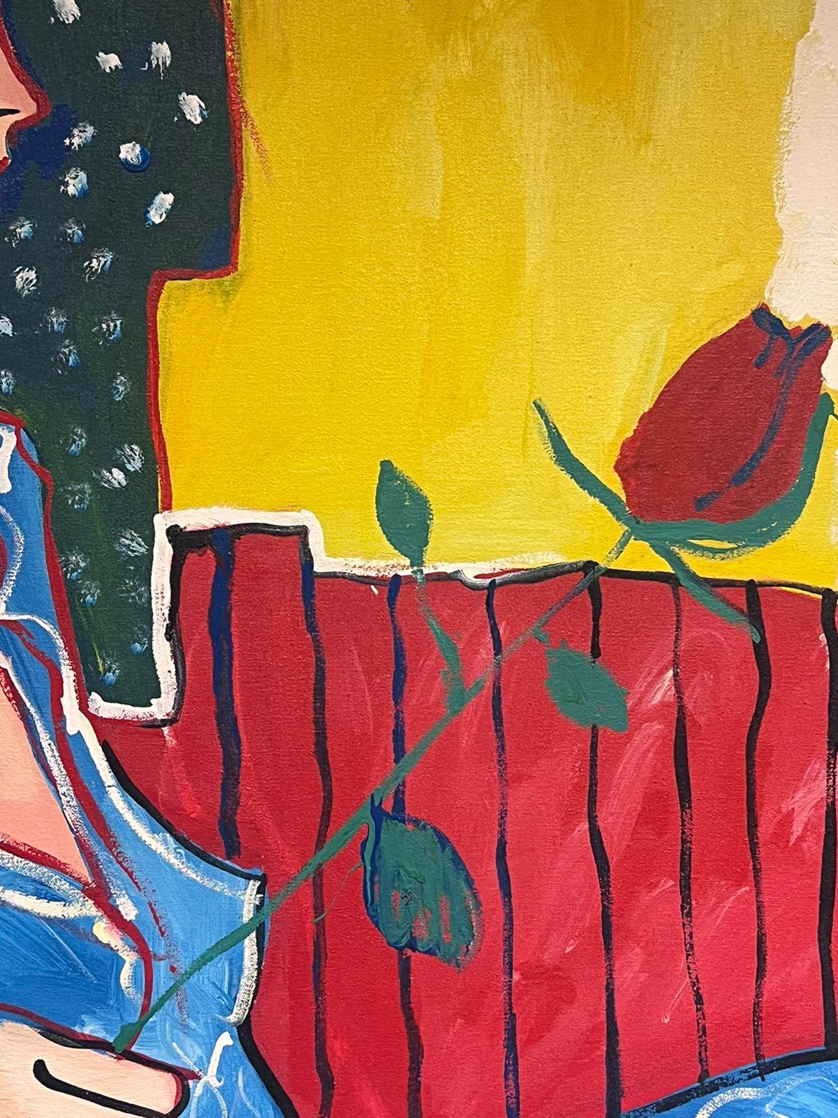Large 20th Century French Modernist Oil Painting Portrait of Lady Holding Rose For Sale 3