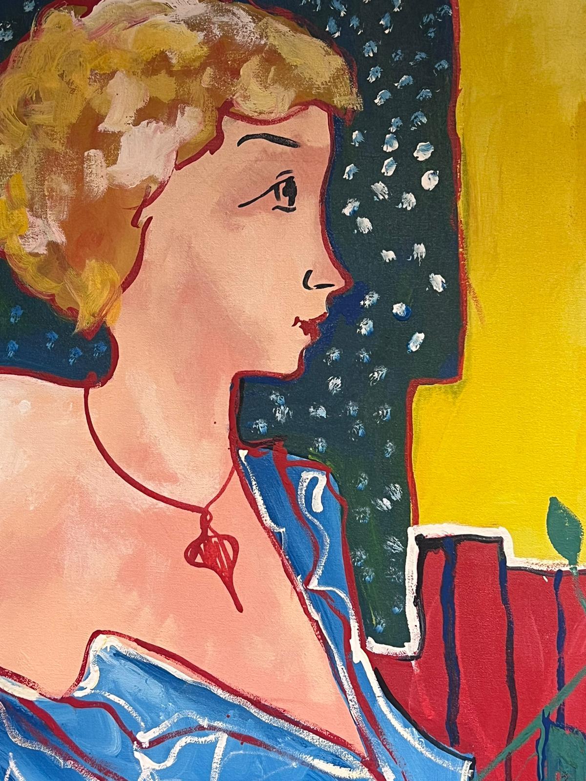 Large 20th Century French Modernist Oil Painting Portrait of Lady Holding Rose For Sale 4