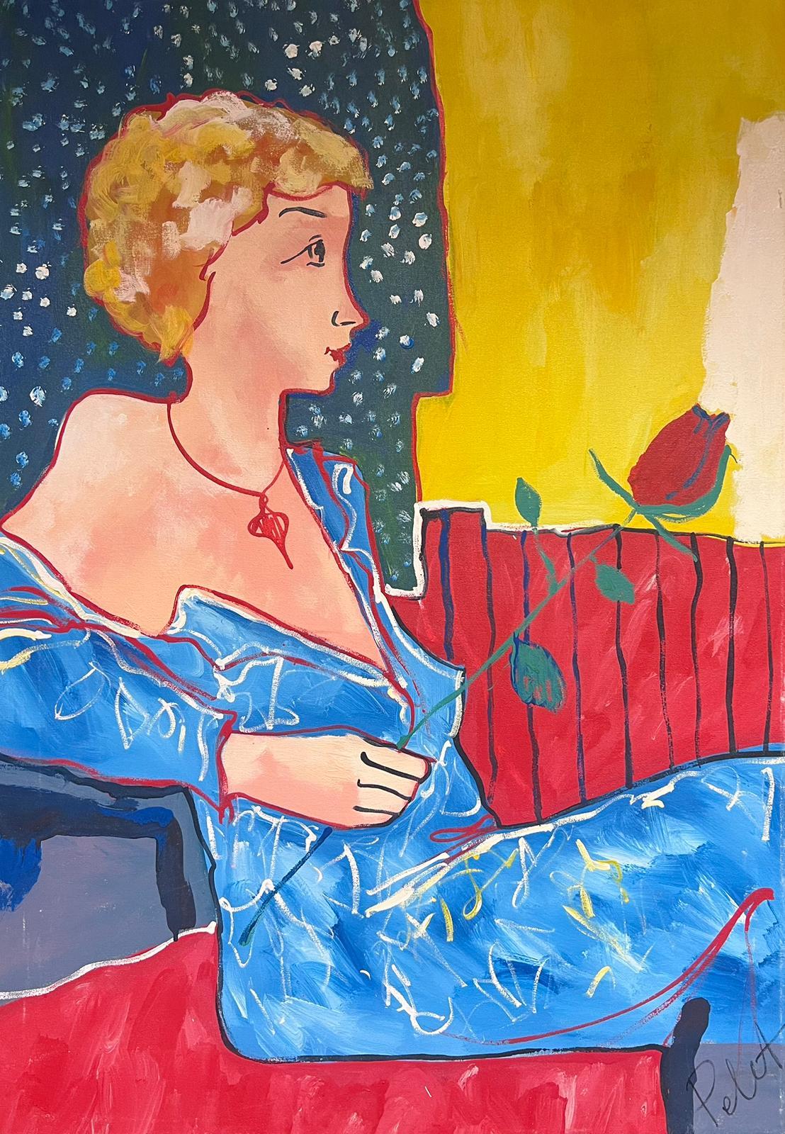 French School Figurative Painting - Large 20th Century French Modernist Oil Painting Portrait of Lady Holding Rose