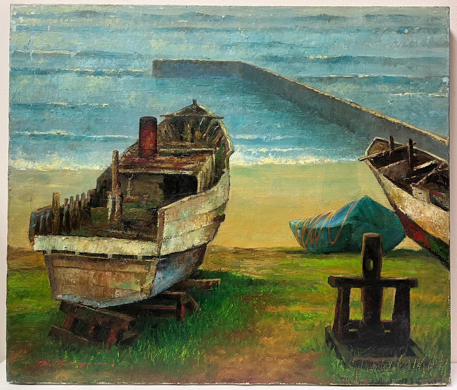 Moored Boats on the Beach
European School, 20th century
signed oil on canvas, unframed
canvas: 18 x 25 inches
provenance: private collection
condition: very good and sound condition