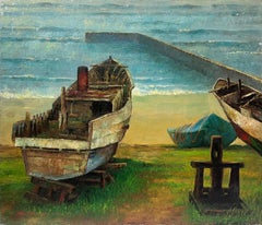 Grande peinture à l'huile post-impressionniste française du 20e siècle, signée, représentant des bateaux sur la plage