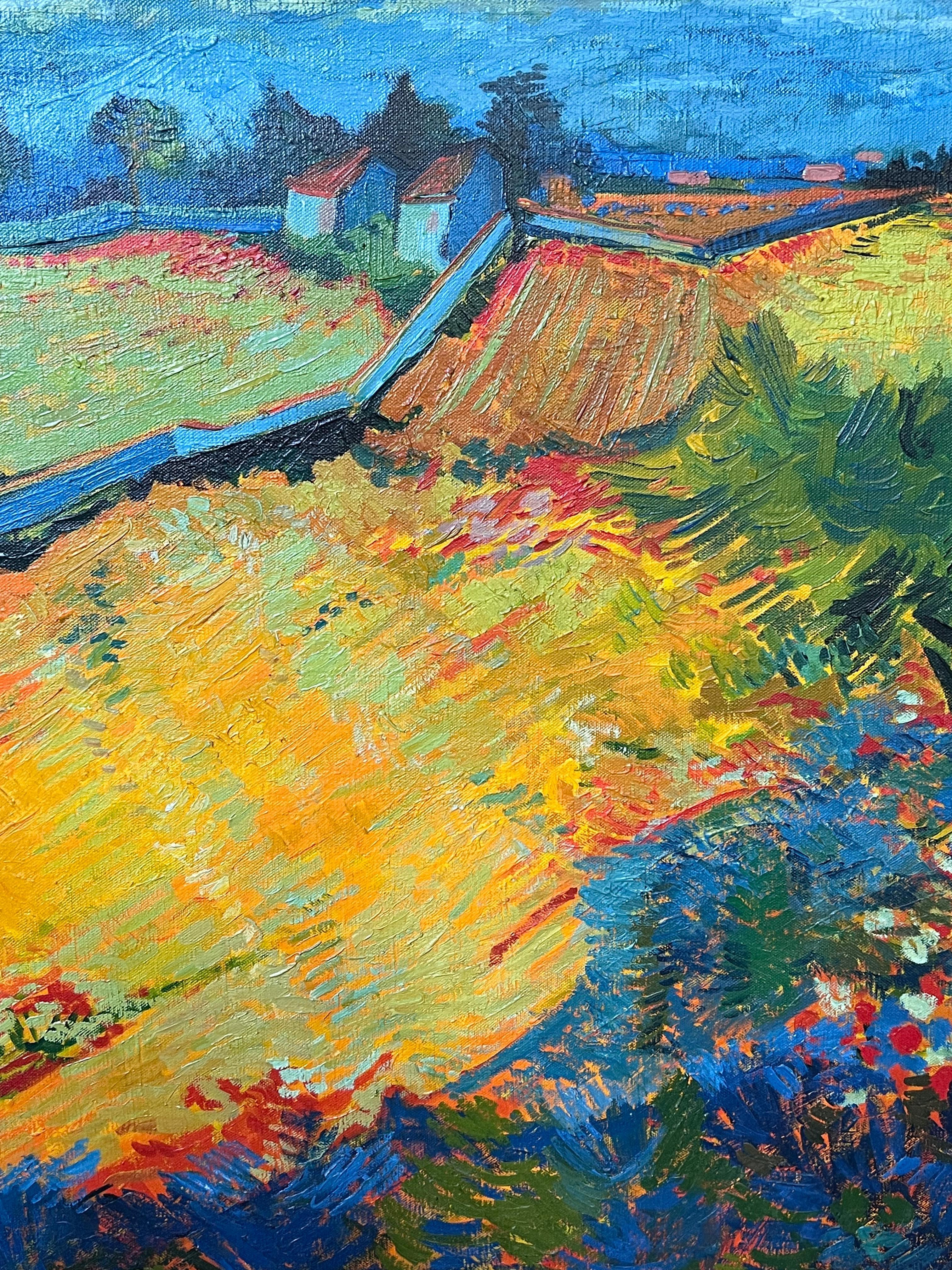 Grande peinture à l'huile post-impressionniste française du 20e siècle, signée Golden Fields - Post-impressionnisme Painting par French School
