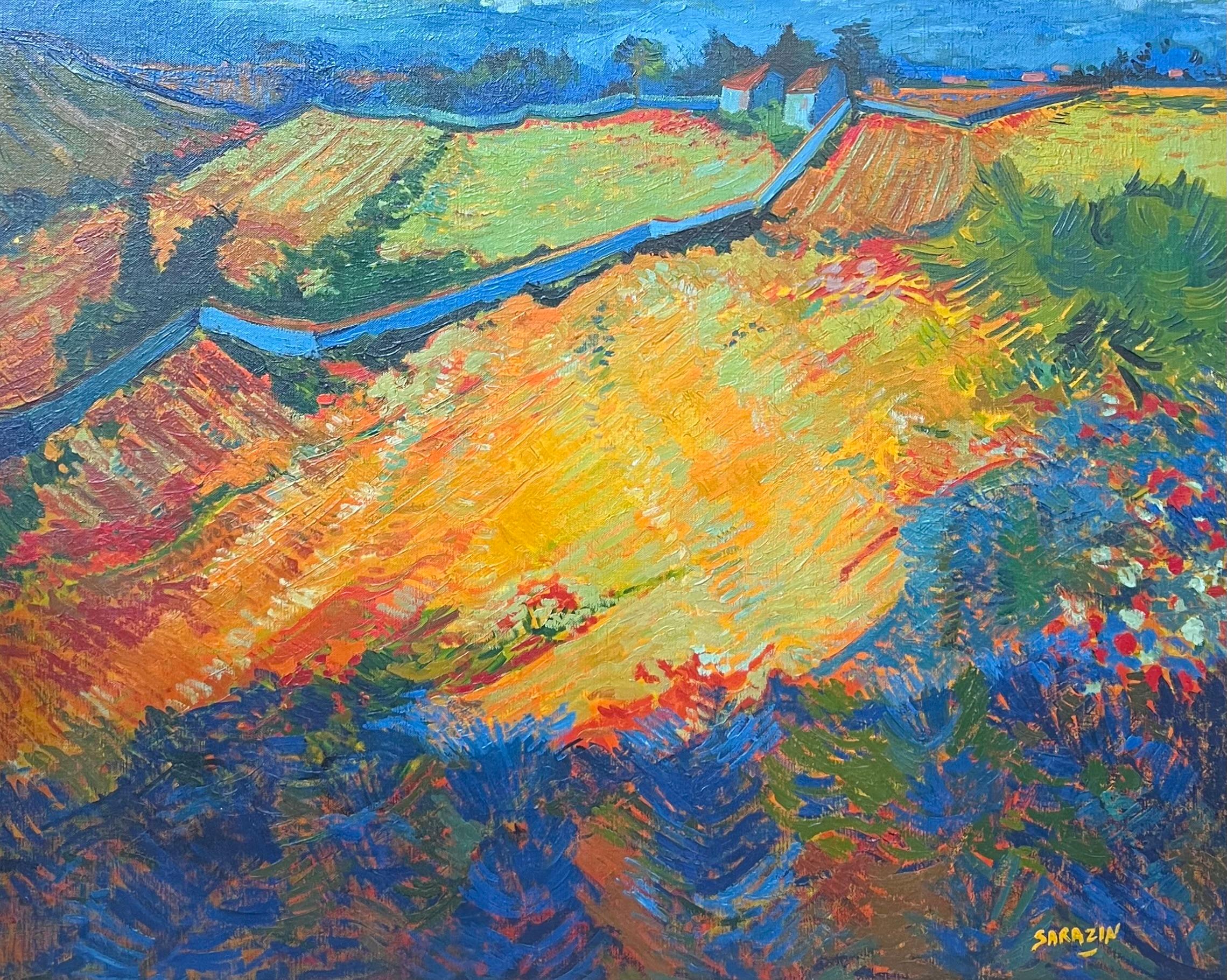 Grande peinture à l'huile post-impressionniste française du 20e siècle, signée Golden Fields - Marron Abstract Painting par French School