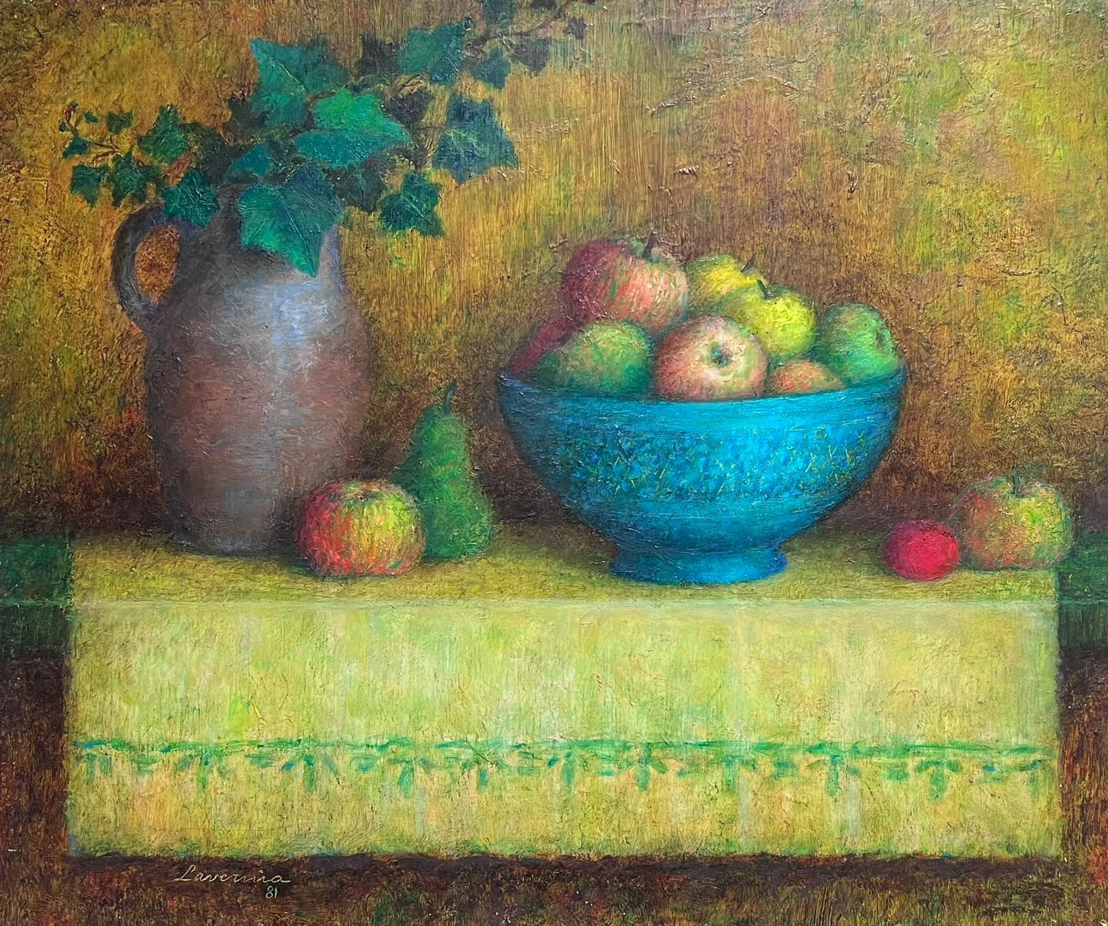 Large 20th Century French Post-Impressionist Signed Oil Still Life in Blue - Painting by French School