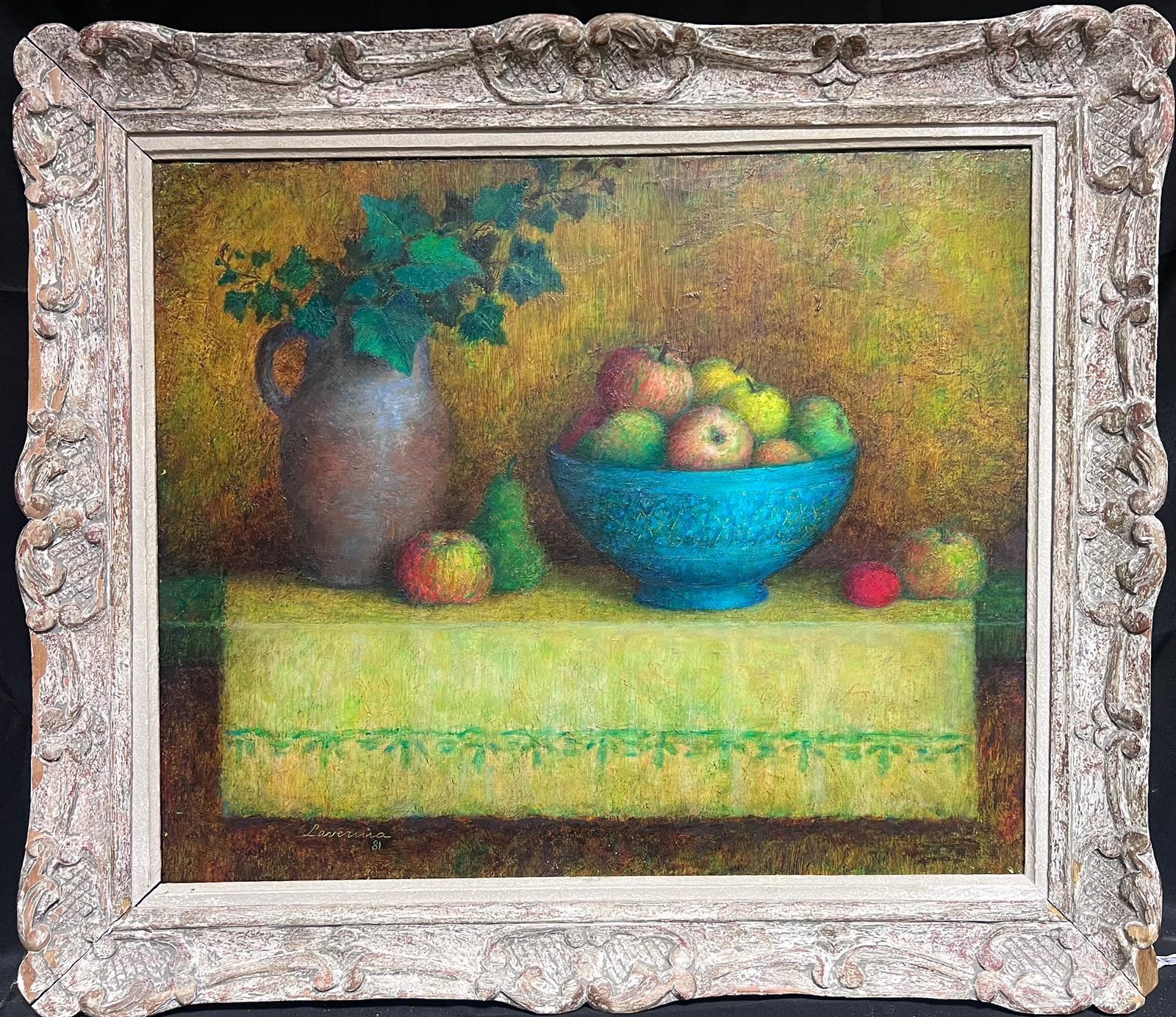 French School Still-Life Painting - Large 20th Century French Post-Impressionist Signed Oil Still Life in Blue