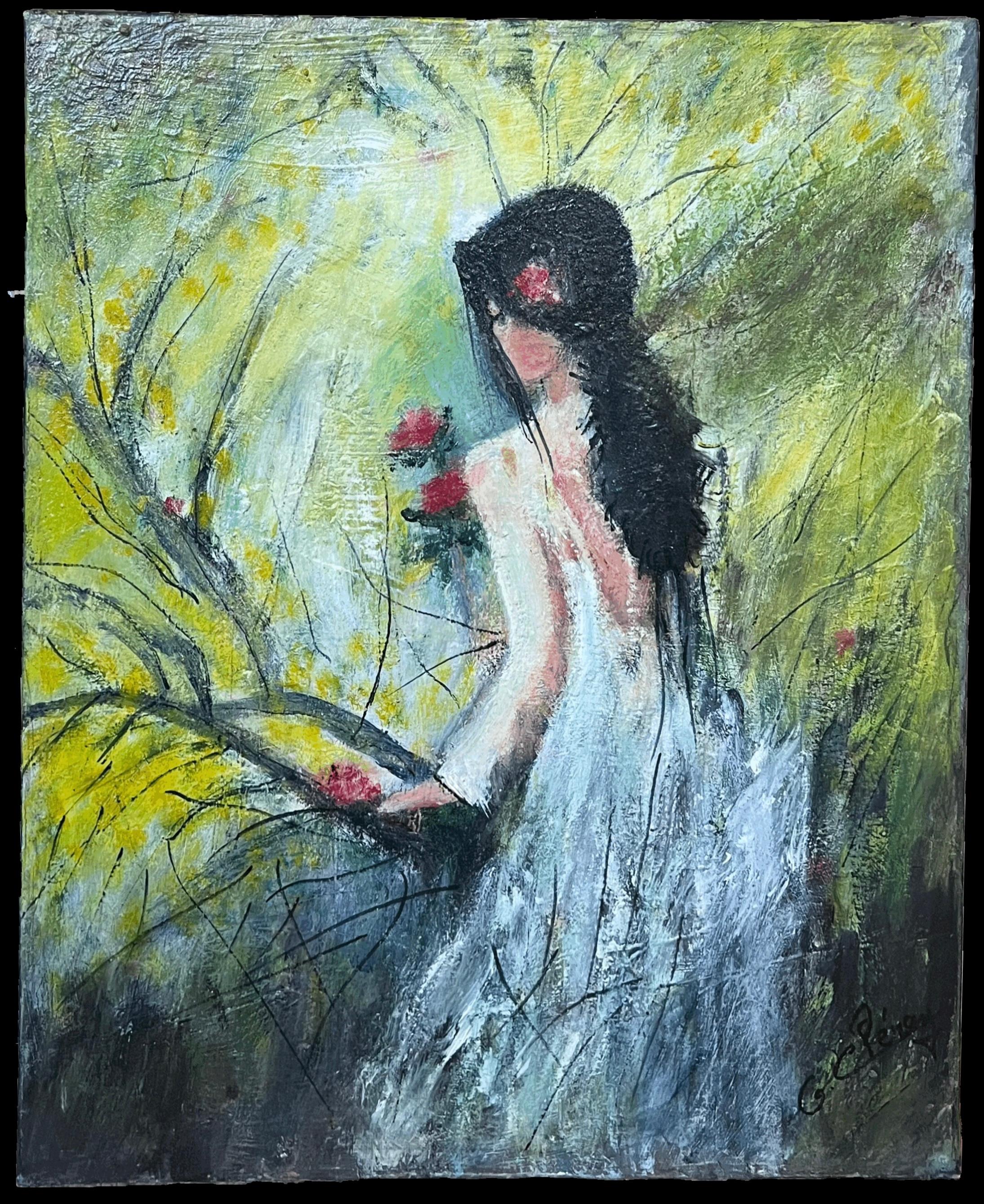 Large 20th Century French Signed Oil Painting Young Girl Picking Flowers Garden - Gray Portrait Painting by French School