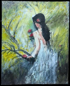 Large 20th Century French Signed Oil Painting Young Girl Picking Flowers Garden