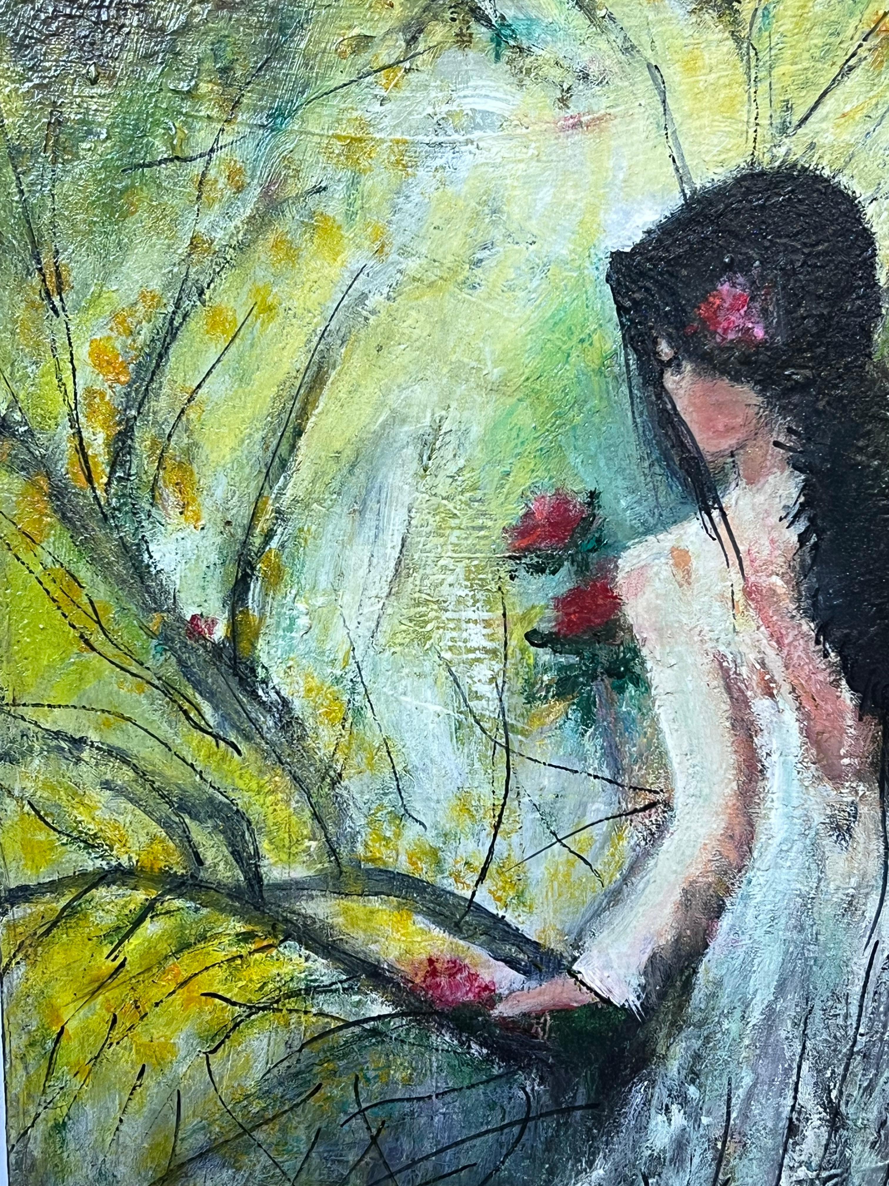 Large 20th Century French Signed Oil Painting Young Girl Picking Flowers Garden For Sale 1