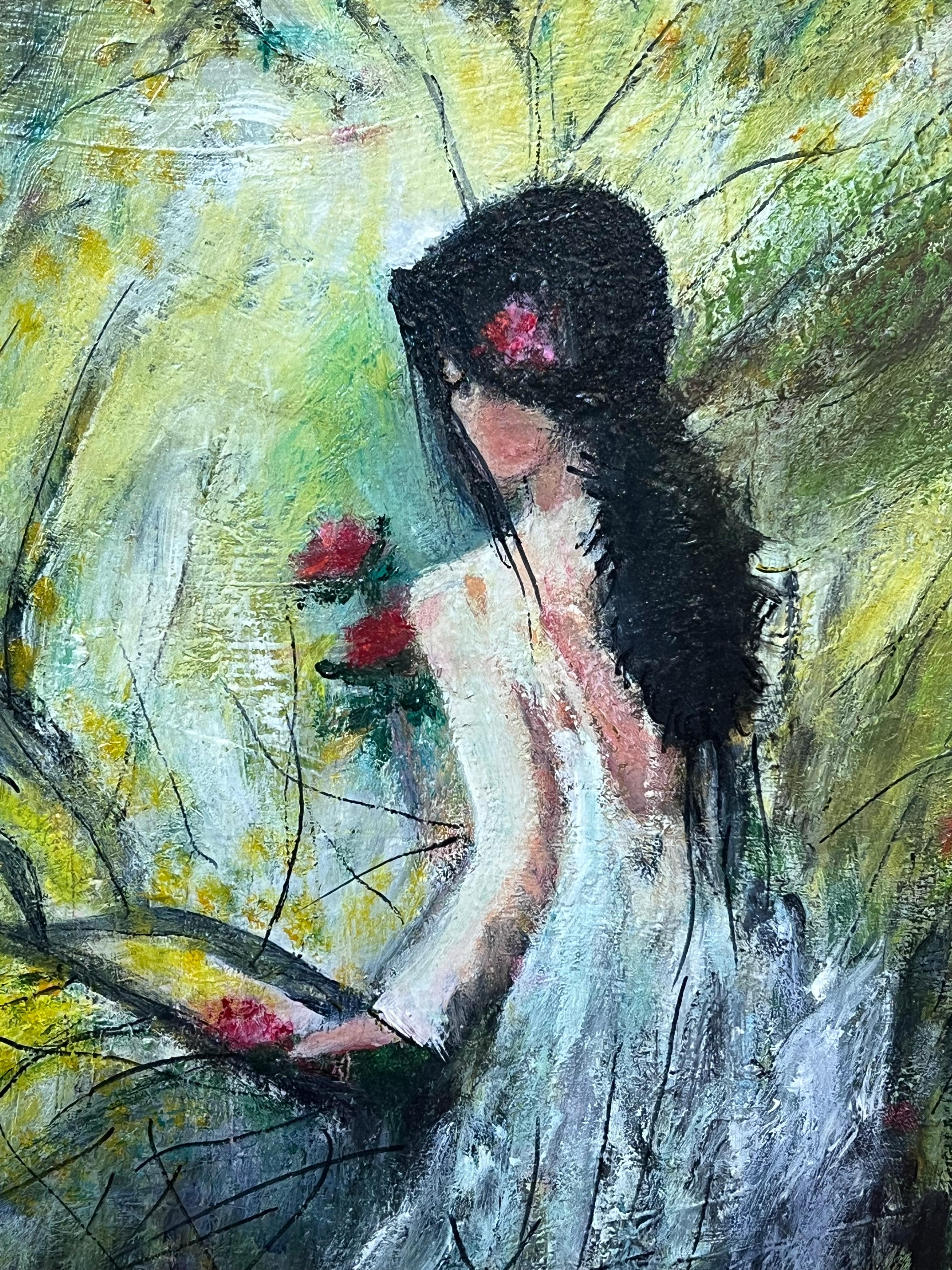 Large 20th Century French Signed Oil Painting Young Girl Picking Flowers Garden For Sale 2