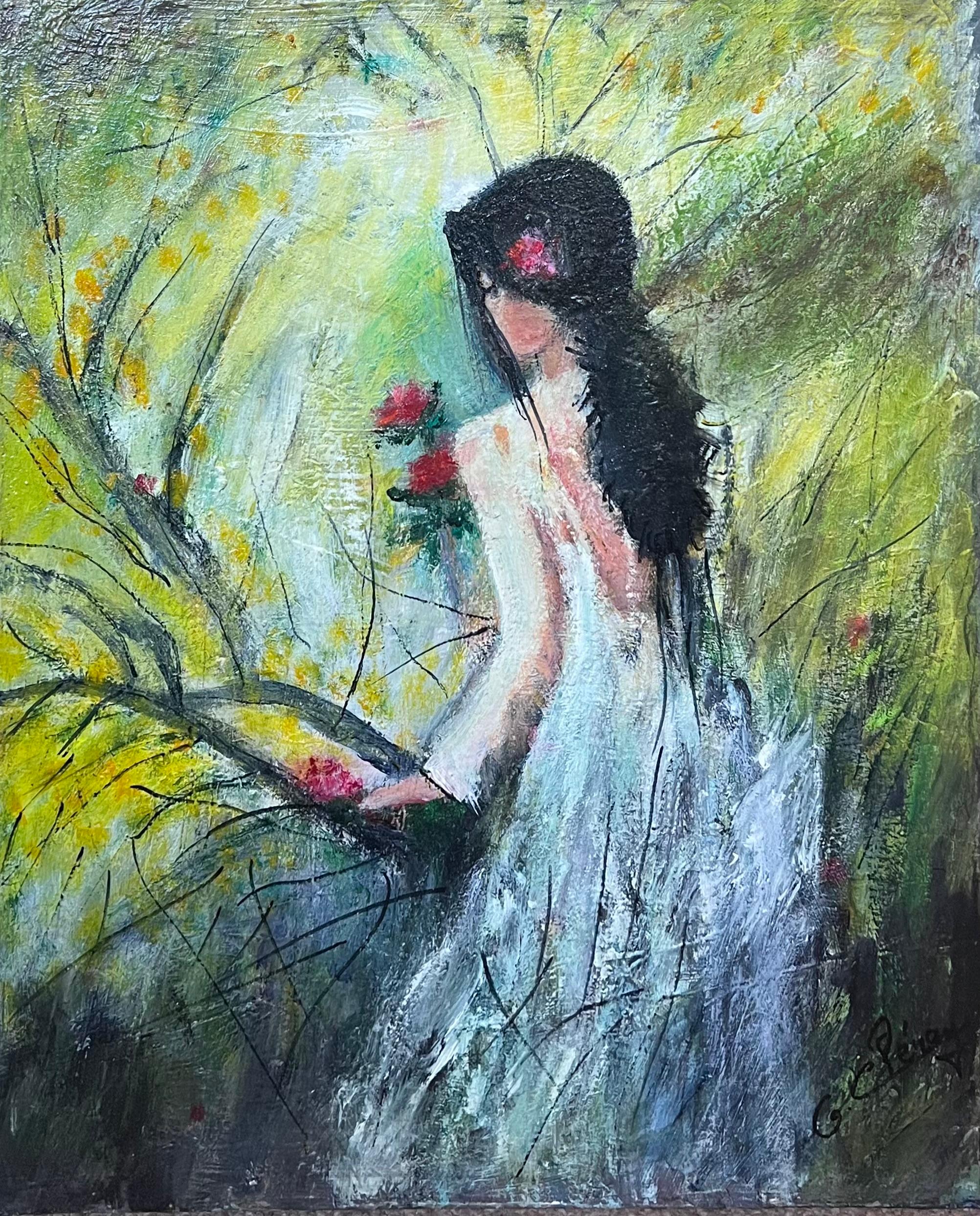 Large 20th Century French Signed Oil Painting Young Girl Picking Flowers Garden For Sale 3