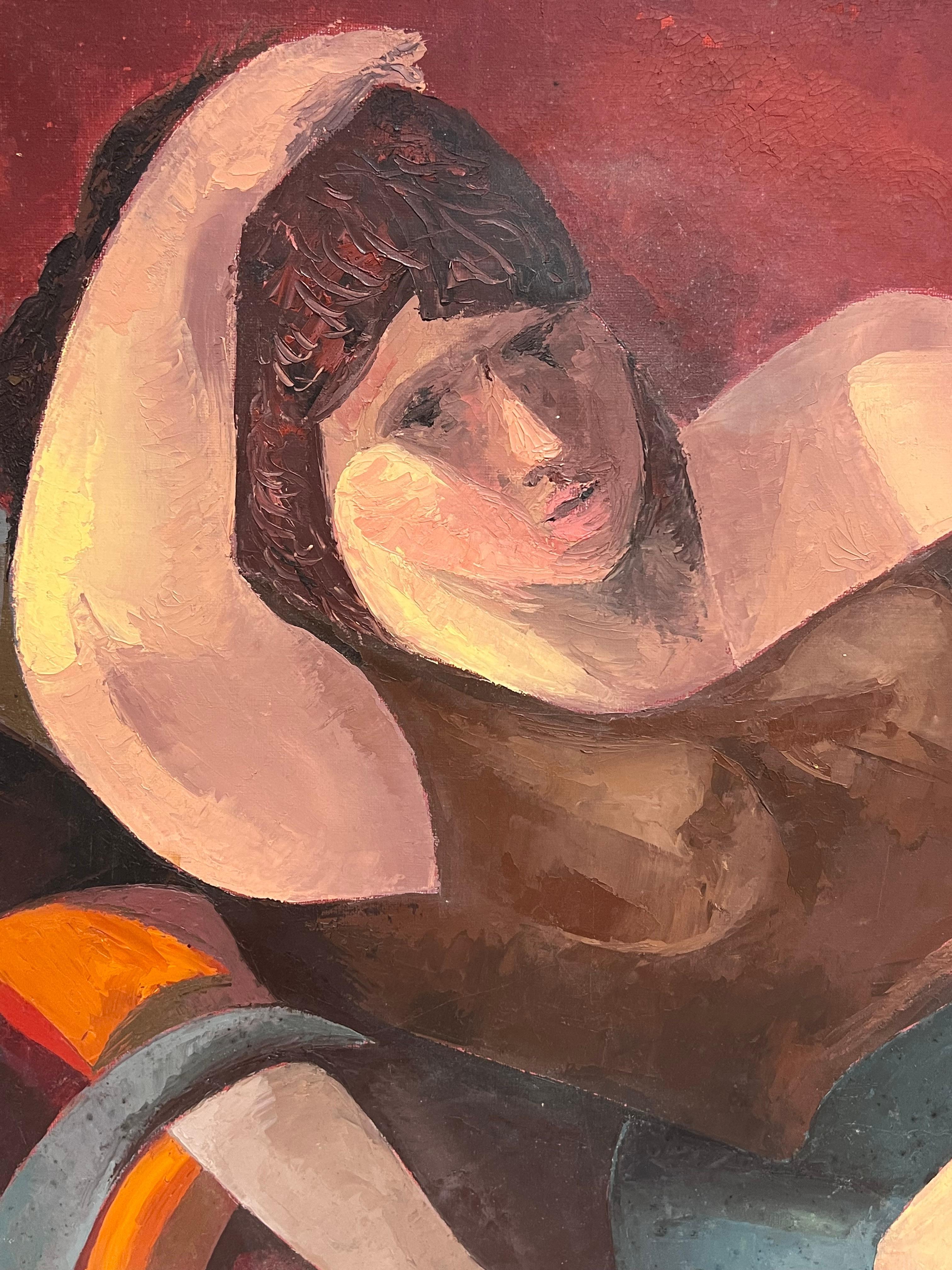 Large Contemporary French Modernist Signed Oil Painting Reclining Artists Model For Sale 2