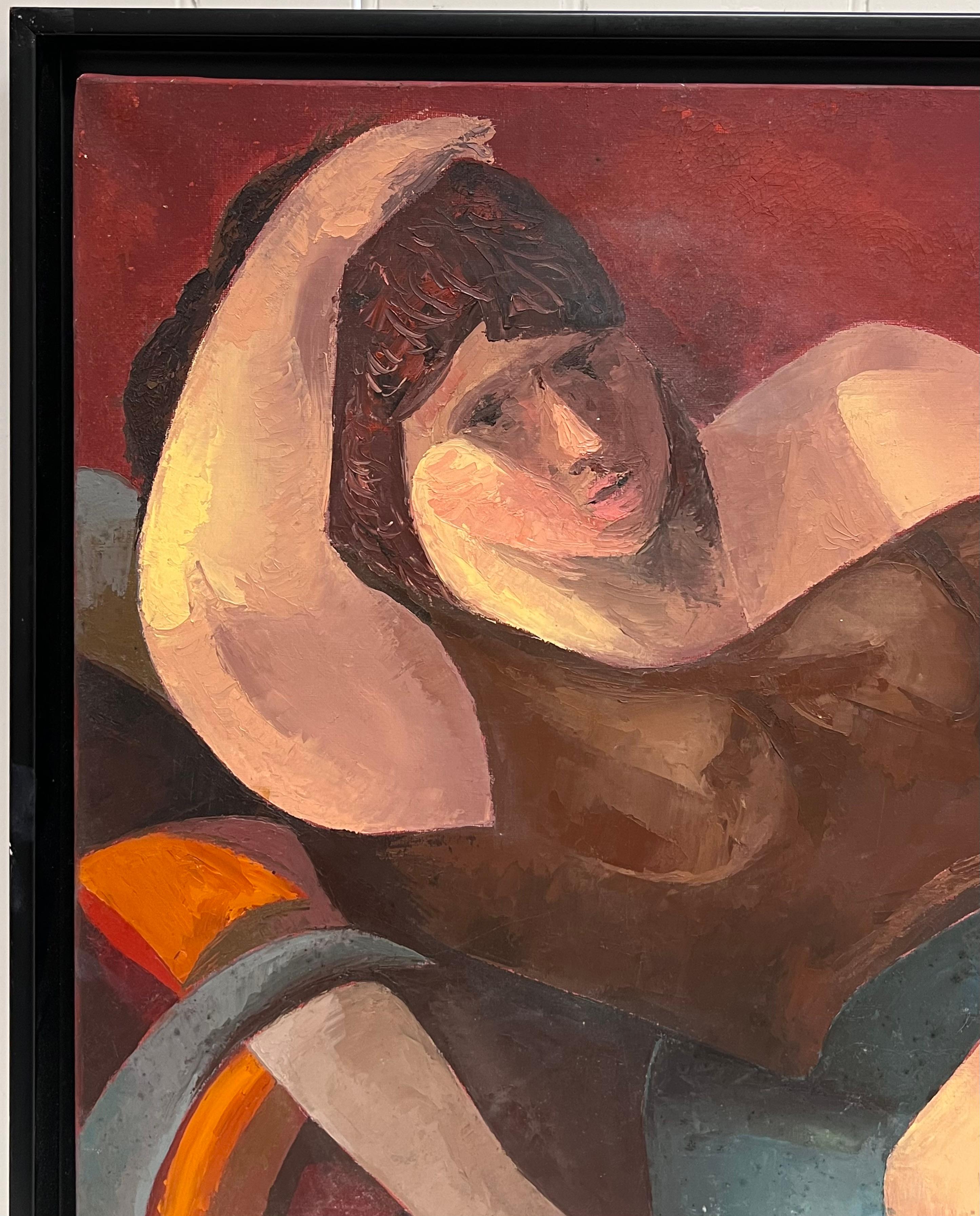Large Contemporary French Modernist Signed Oil Painting Reclining Artists Model For Sale 5
